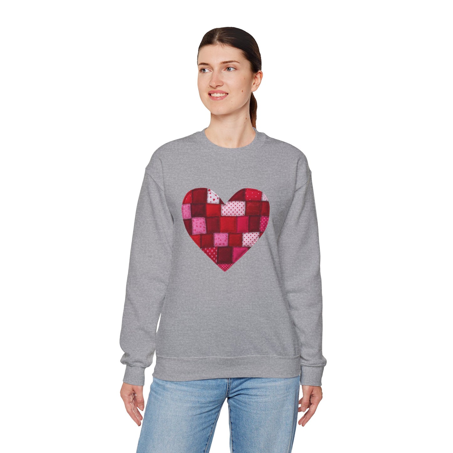 Faux Patchwork Heart Sweatshirt, Quilted Look Heart Pullover, Cozy Valentine Crewneck, Handmade Style Sweatshirt, Love Heart Shirt, Valentine Gift