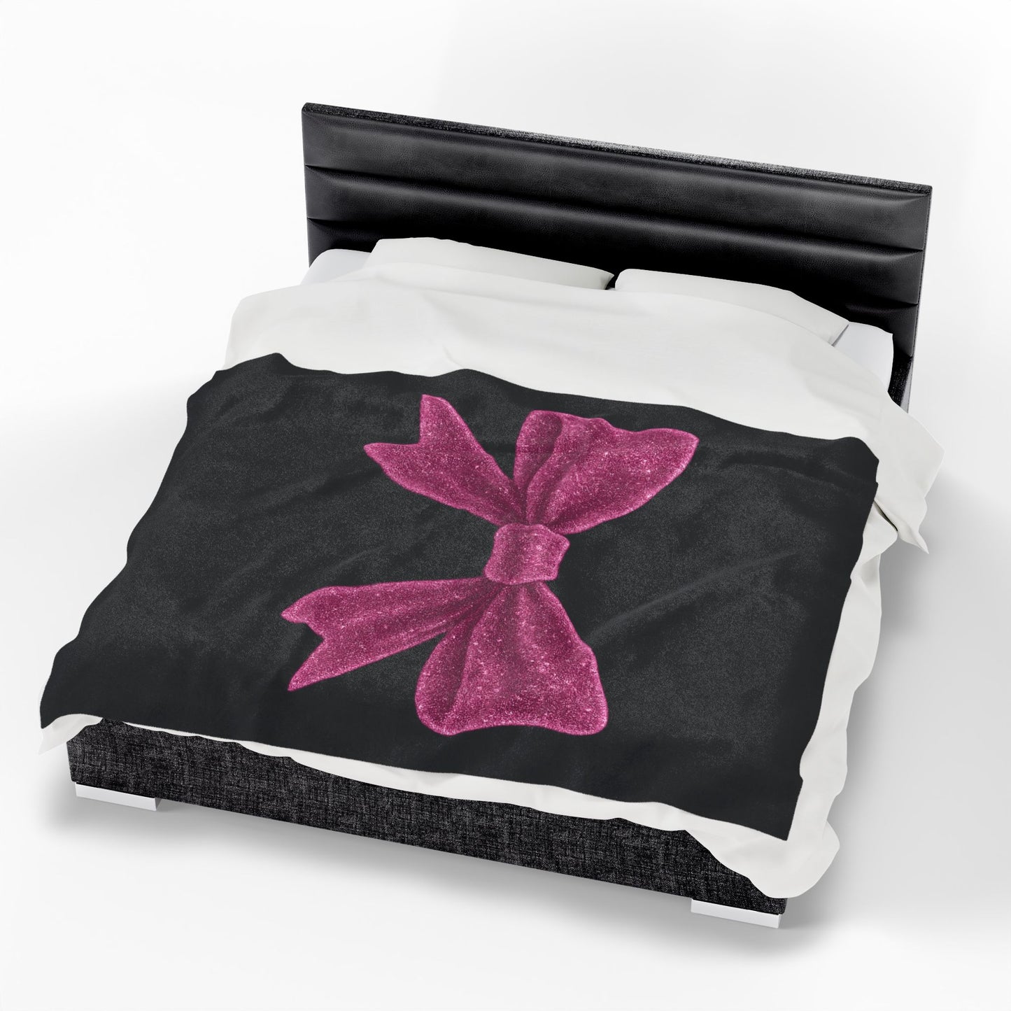 Black Throw Blanket with Glitter Pink Bow – Cozy Soft Bed Cover – Girly Glam Room Decor – Teen Girl Gift – Elegant Bedding Accent