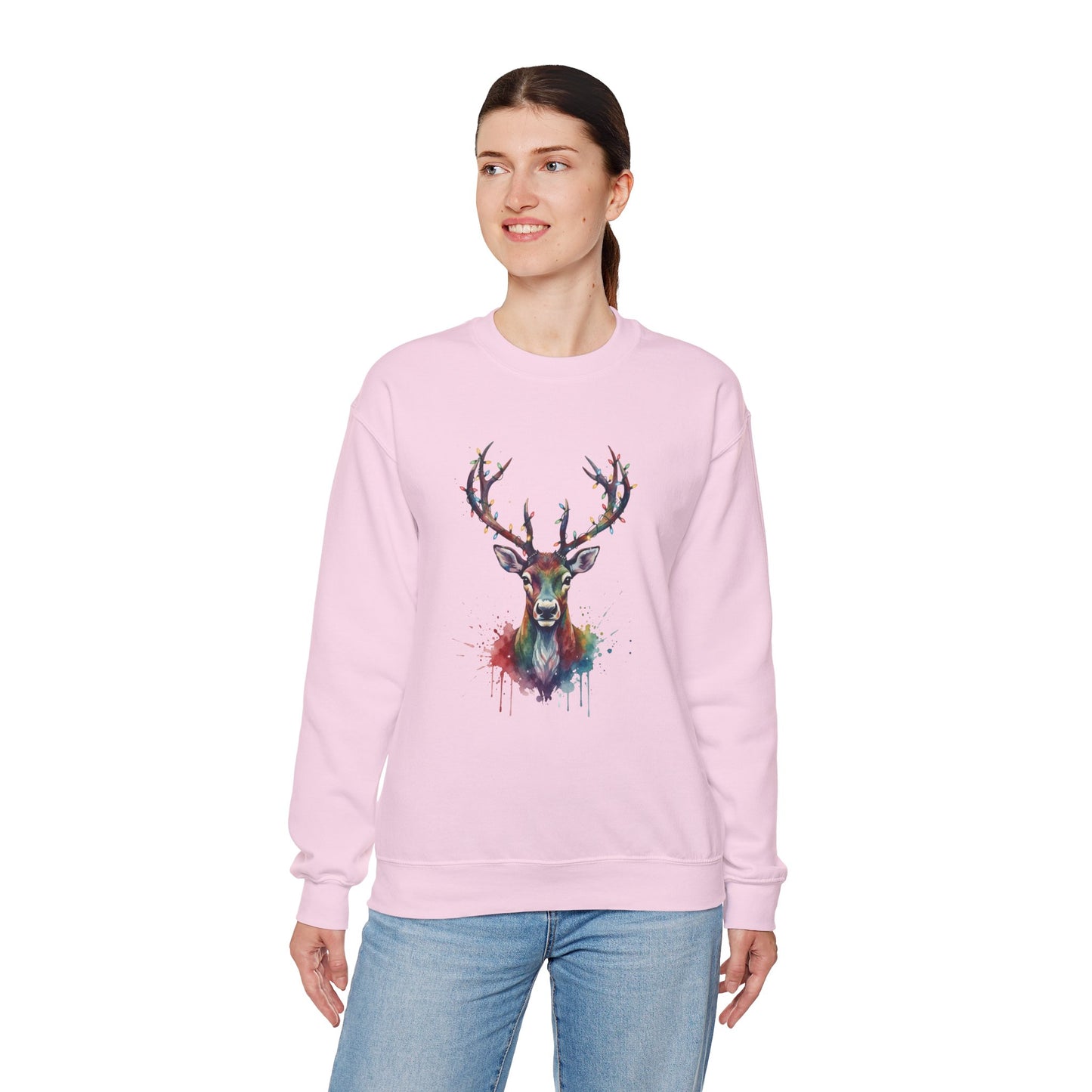Colorful Reindeer Christmas Sweatshirt, Holiday Deer Lights Sweater, Watercolor Winter Crewneck, Festive Cozy Gift For Him Or Her