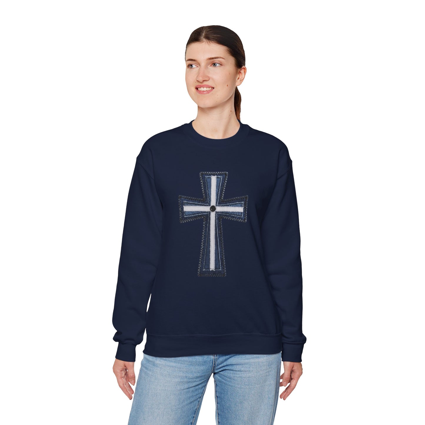 Faux Patchwork Cross Sweatshirt, Christian Patchwork Style Crewneck, Faith Gift for Women Men, Rustic Cross Sweatshirt, Religious Xmas Gift