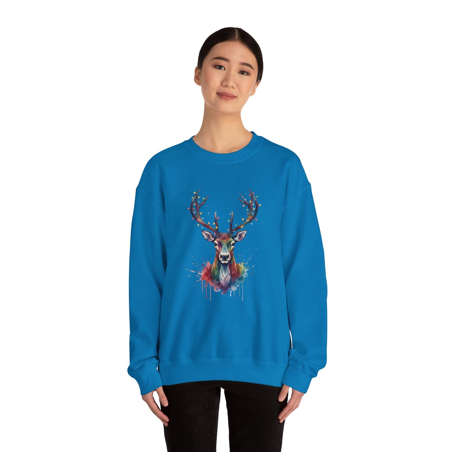 Colorful Reindeer Christmas Sweatshirt, Holiday Deer Lights Sweater, Watercolor Winter Crewneck, Festive Cozy Gift For Him Or Her
