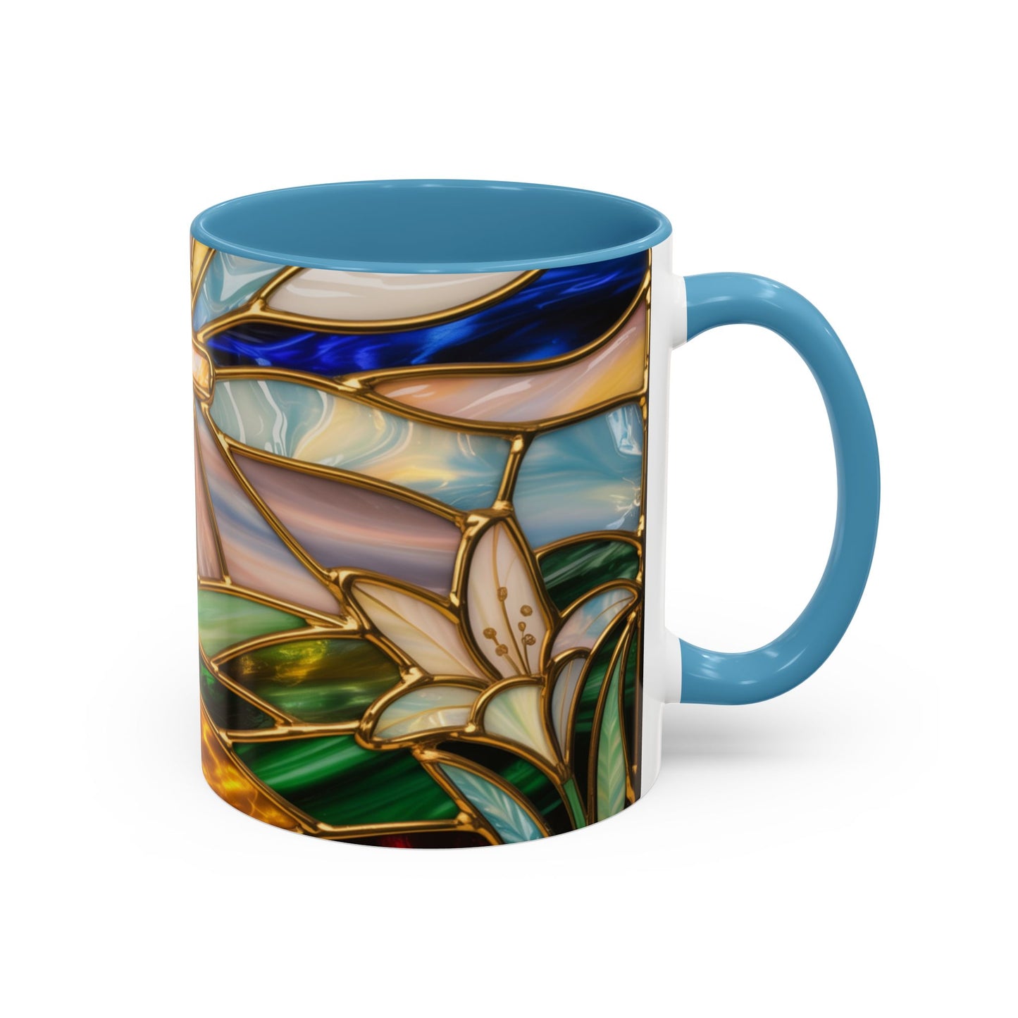 Stained Glass Cross Mug, Christian Sunrise Coffee Cup, Religious Floral Art Mug, Inspirational Faith Gift For Women, Colorful Stained Glass Design