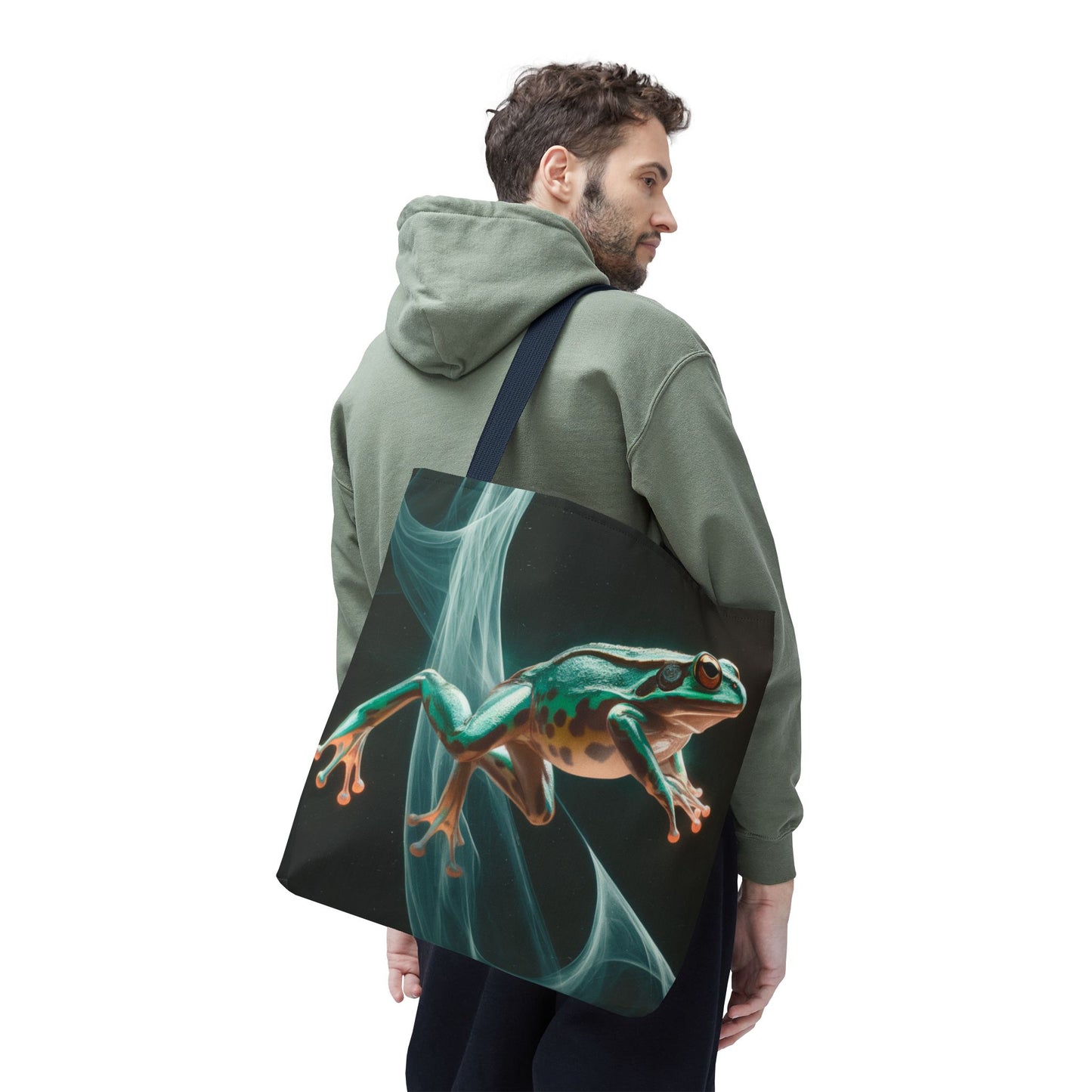 Frog in Motion Tote Bag, Nature-Inspired Green Frog Design Eco-Friendly Shoulder Bag, Artistic Reusable Tote For Everyday Use And Gifts