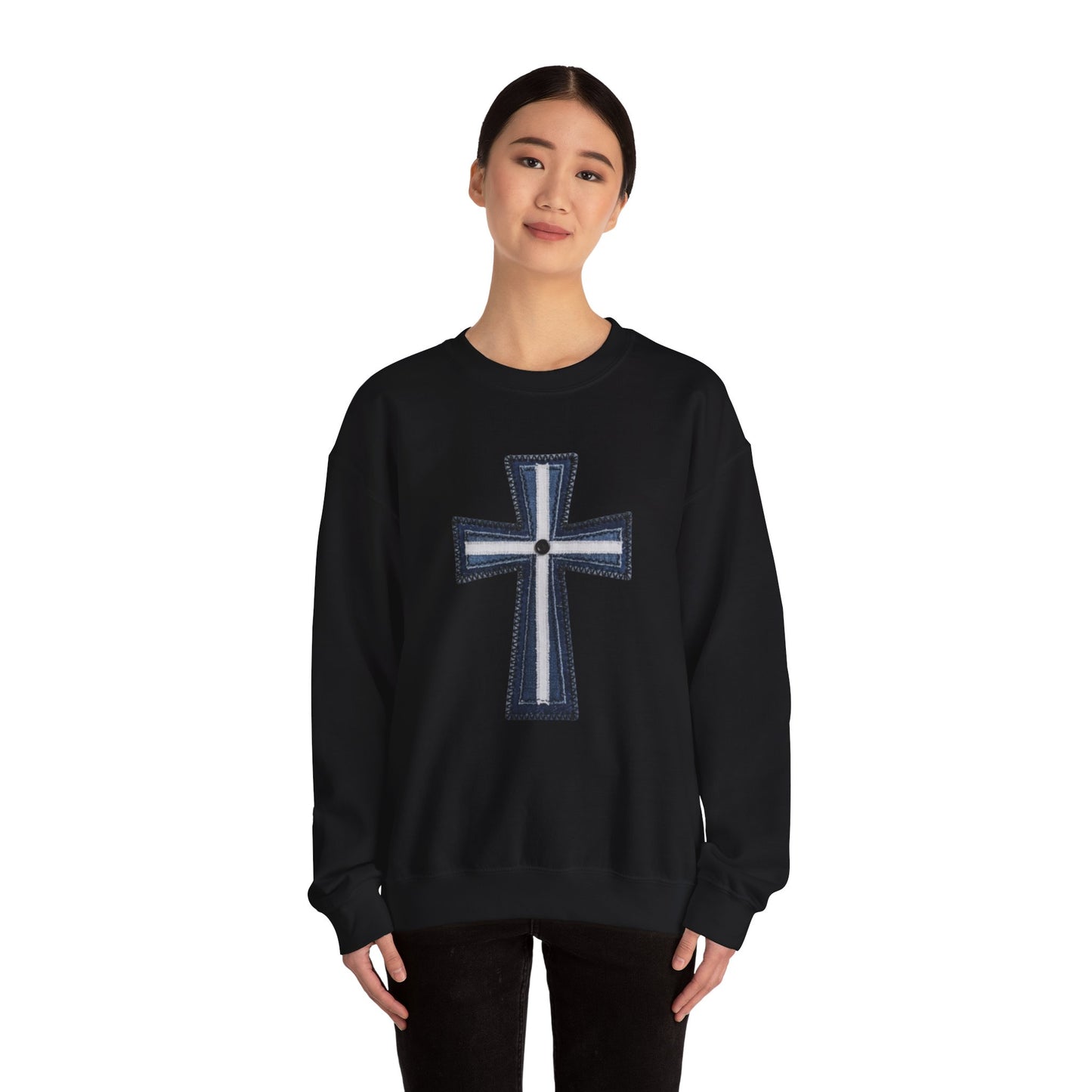 Faux Patchwork Cross Sweatshirt, Christian Patchwork Style Crewneck, Faith Gift for Women Men, Rustic Cross Sweatshirt, Religious Xmas Gift