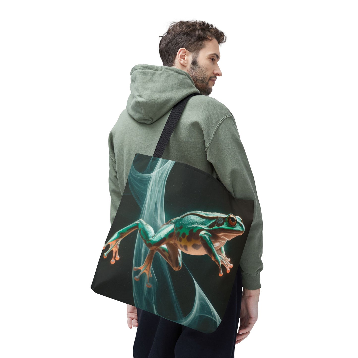 Frog in Motion Tote Bag, Nature-Inspired Green Frog Design Eco-Friendly Shoulder Bag, Artistic Reusable Tote For Everyday Use And Gifts