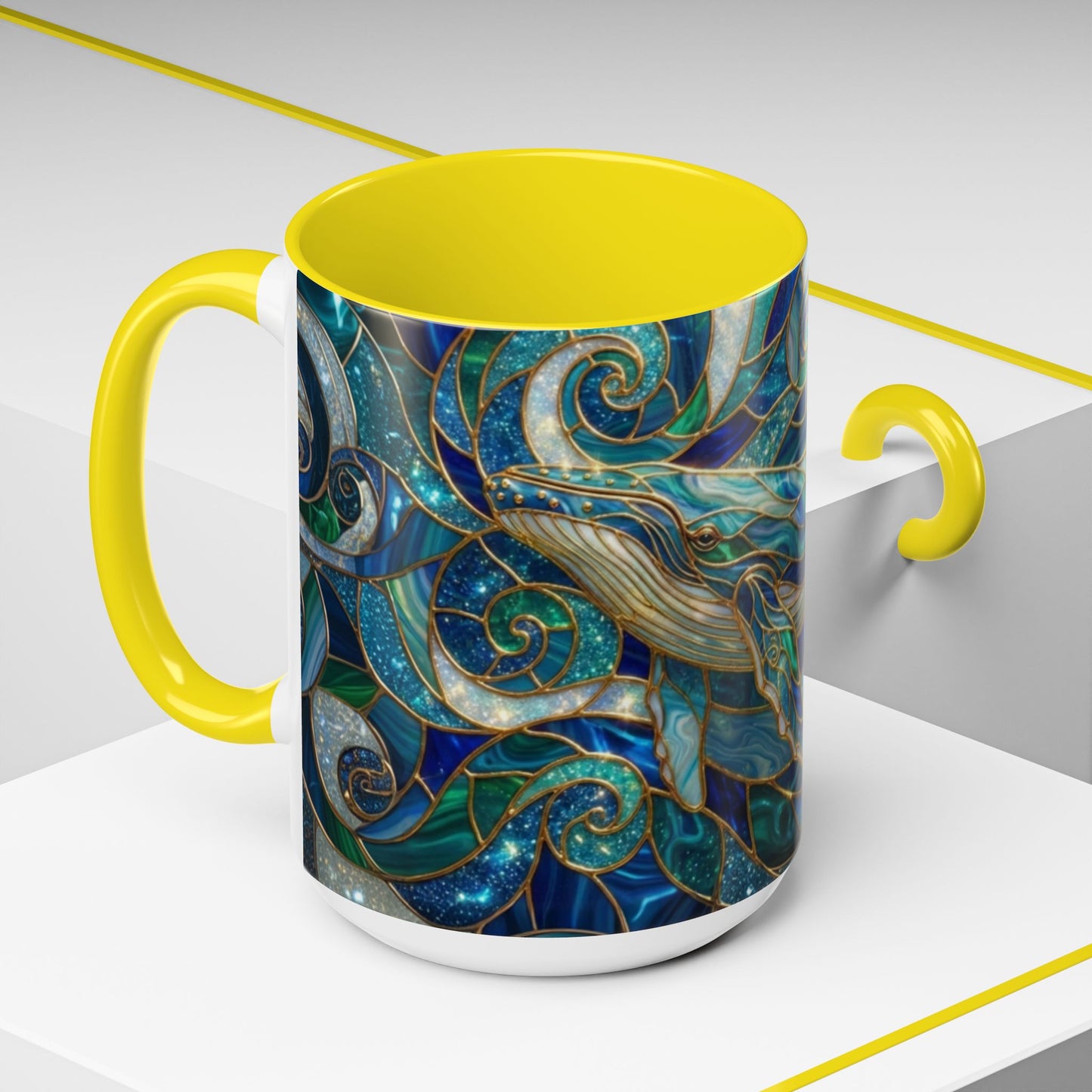 Stained Glass Whale Mug, Ocean Art Coffee Cup, Blue Sea Life Design, Nautical Gift For Ocean Lovers, Colorful Stained Glass Whale Cup