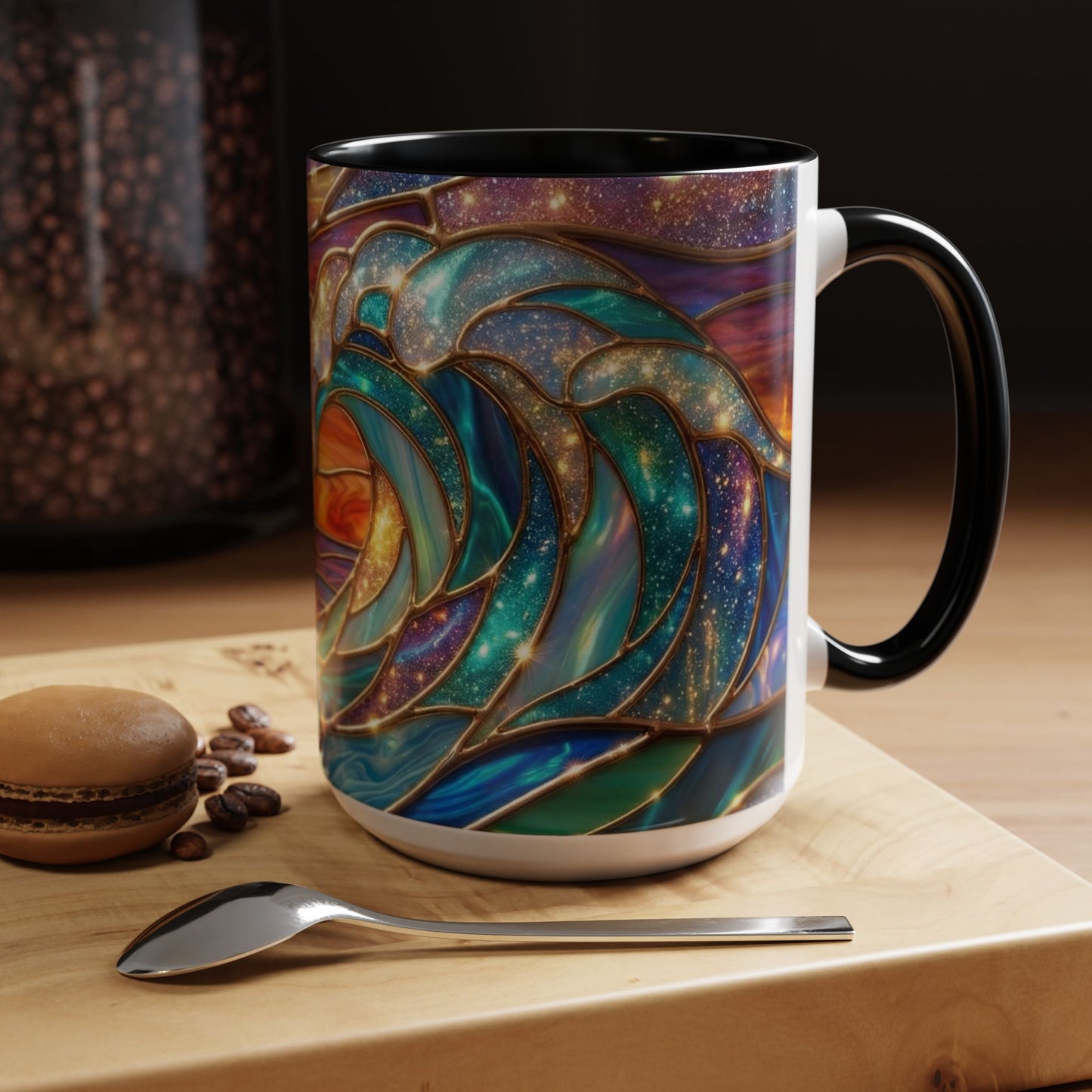 Stained Glass Wave Mug, Cosmic Ocean Coffee Cup, Celestial Sunrise Tea Mug, Surfer Beach Decor Gift, Starry Sea Art, Ocean Lover Cup
