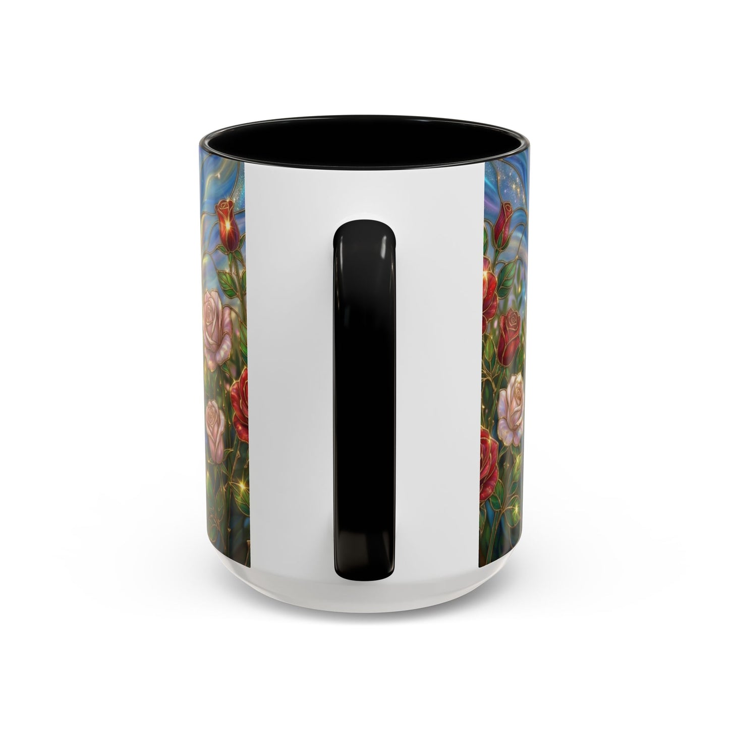 Stained Glass Rose Garden Mug, Floral Rose Coffee Cup, Elegant Flower Mug, Blue Green Gold Glass Style Design, Romantic Gift For Her