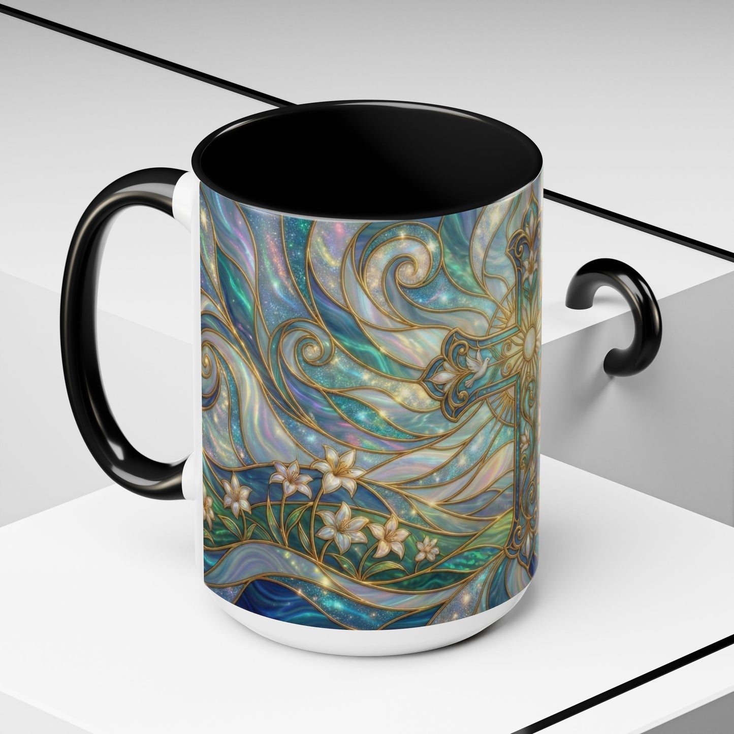 Stained Glass Cross Mug, Christian Coffee Cup, Religious Easter Gift, Celestial Faith Mug, Spiritual Sunrise Cup, Dove Lily Print Mug