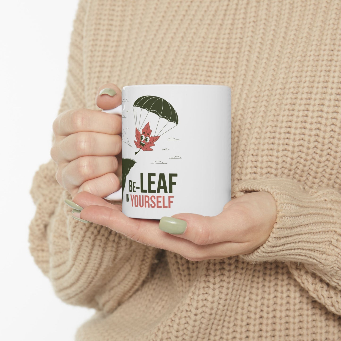 Be-Leaf In Yourself Mug – Motivational Leaf Parachute Design on Ceramic Coffee Cup, Positive Affirmation Gift for Fall Lovers & Nature Enthusiasts