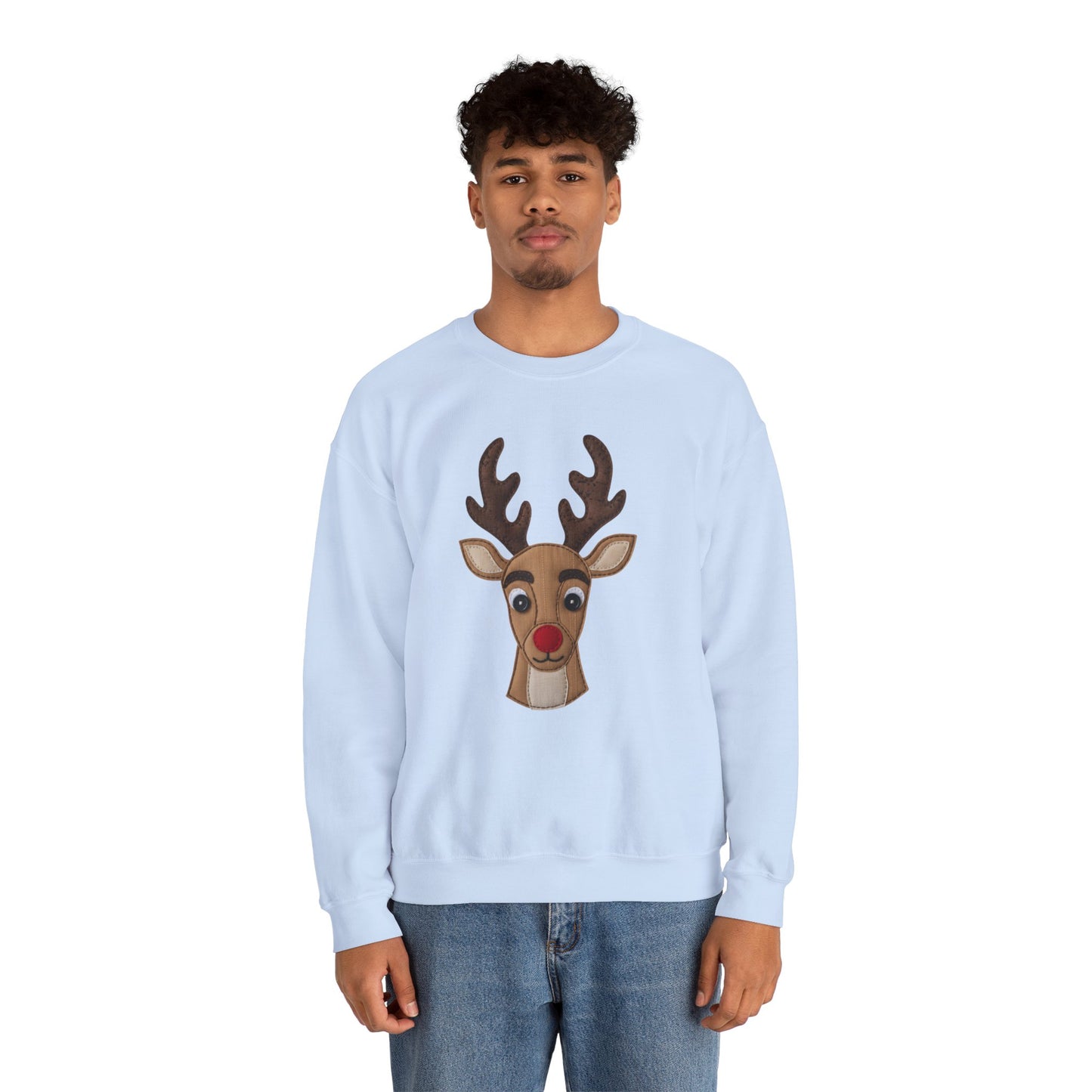 Faux Patchwork Rudolph Sweatshirt, Cute Reindeer Christmas Crewneck, Cozy Holiday Pullover, Winter Reindeer Sweater, Xmas Gift for Women