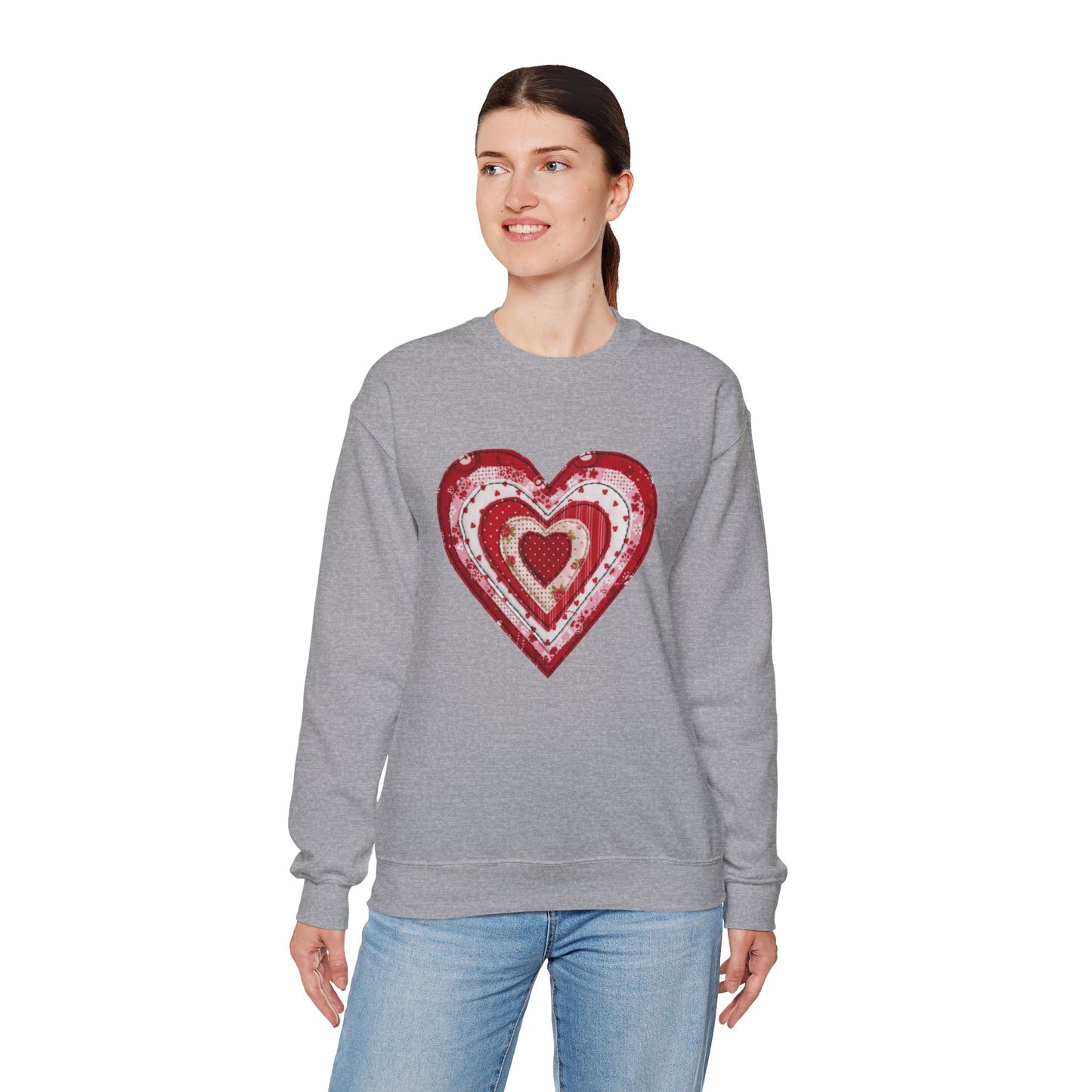 Faux Patchwork Heart Sweatshirt, Valentine Heart Shirt, Cute Valentine Gift, Retro Patchwork Crewneck, Cozy Love Sweater, Boho Heart Top