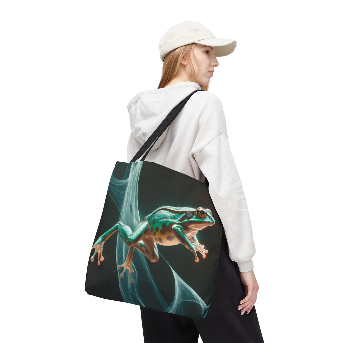 Frog in Motion Tote Bag, Nature-Inspired Green Frog Design Eco-Friendly Shoulder Bag, Artistic Reusable Tote For Everyday Use And Gifts