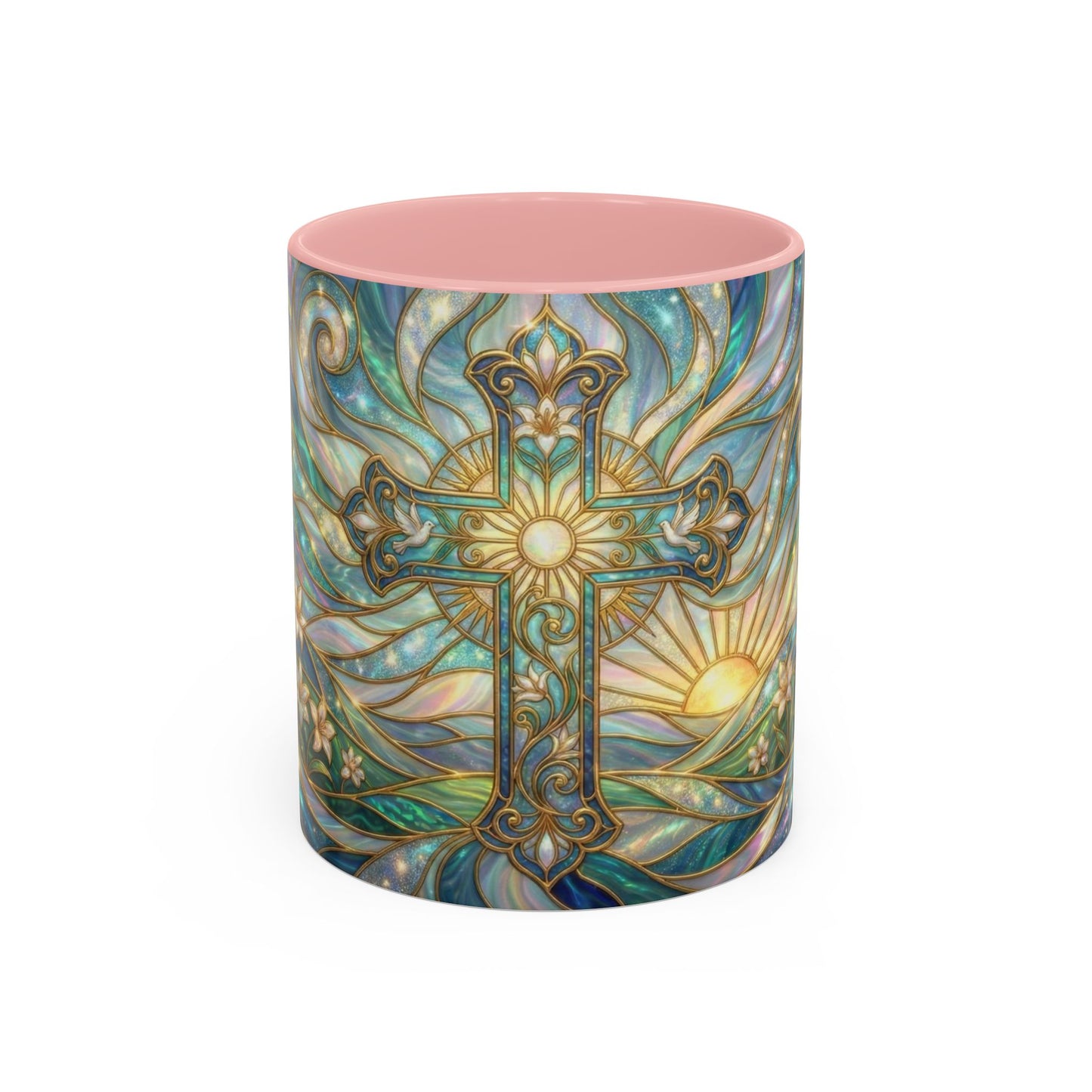 Stained Glass Cross Mug, Christian Coffee Cup, Religious Easter Gift, Celestial Faith Mug, Spiritual Sunrise Cup, Dove Lily Print Mug