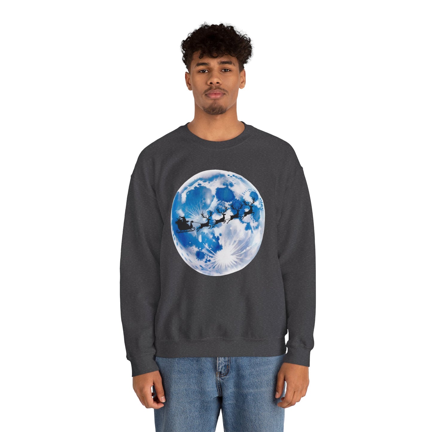 Santa And Reindeer Full Moon Christmas Sweatshirt, Holiday Night Sky Sweater, Cozy Unisex Crewneck, Festive Gift For Christmas Lovers