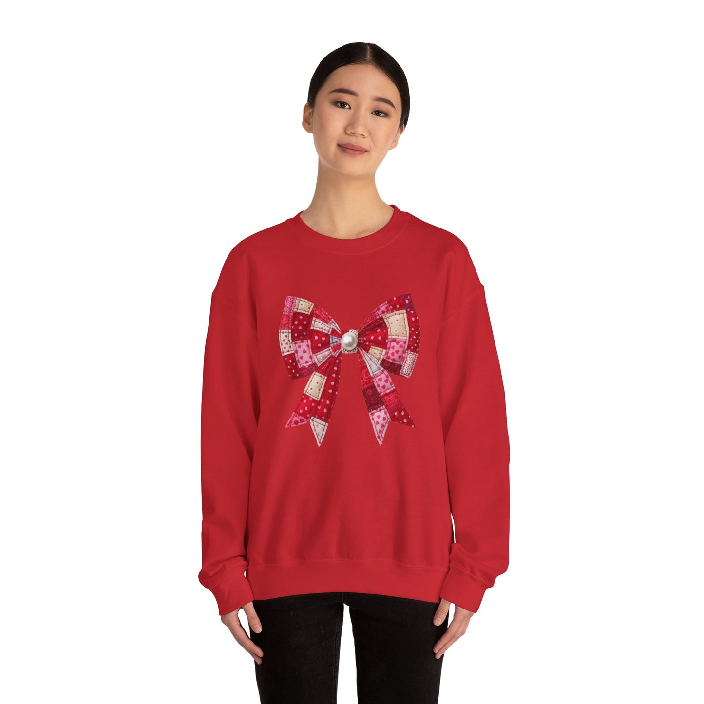 Faux Patchwork Bow Sweatshirt, Quilted Look Bow Crewneck, Pearl Center Bow Pullover, Cozy Coquette Sweatshirt, Girly Gift