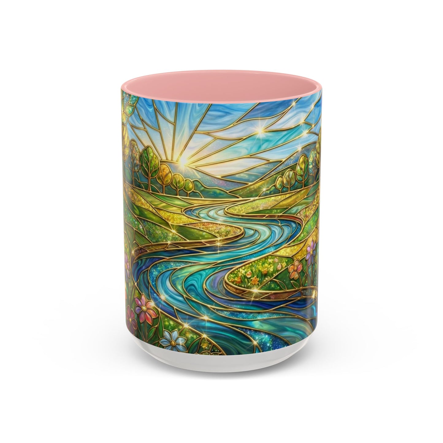 Stained Glass Mug, River Landscape Coffee Cup, Nature Lover Gift, Floral Tea Mug, Gardener Present, Art Teacher Gift, Colorful Scenery Cup