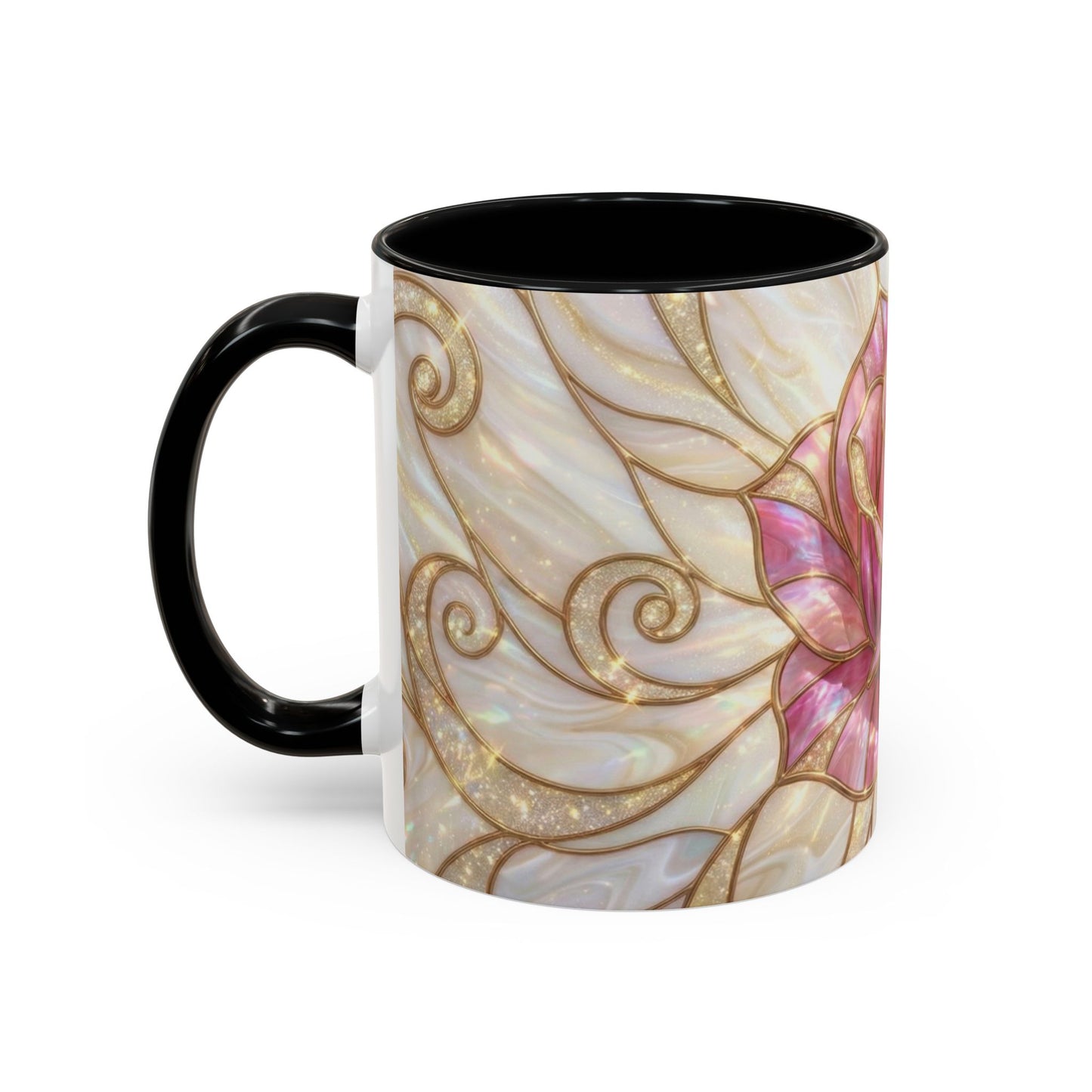 Pink Rose Stained Glass Mug, Gold Floral Coffee Cup, Romantic Flower Tea Cup, Gardener Gift For Mom, Botanical Art, Wife Birthday Gift