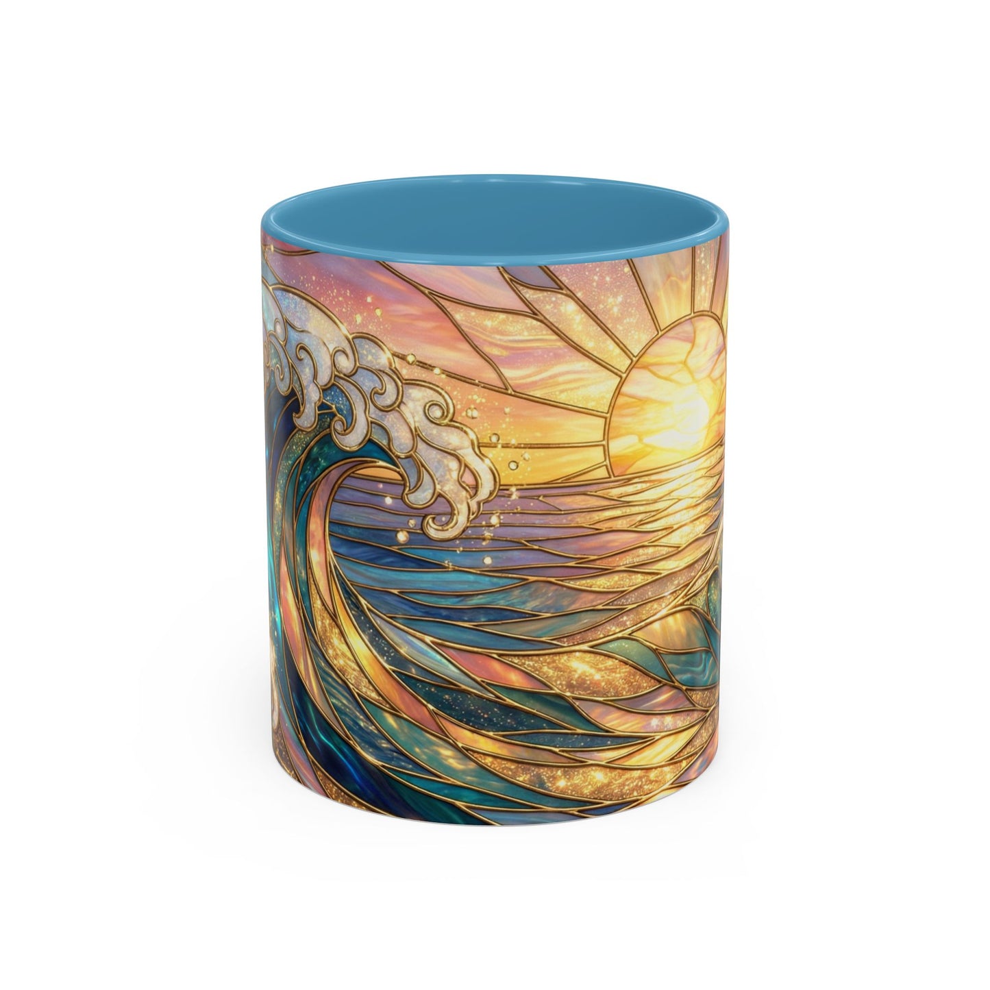 Stained Glass Ocean Wave Mug, Sunrise Beach Coffee Cup, Japanese Art Gift, Coastal Decor Kitchen, Mosaic Sea Tea Cup, Blue Gold Nature Lover