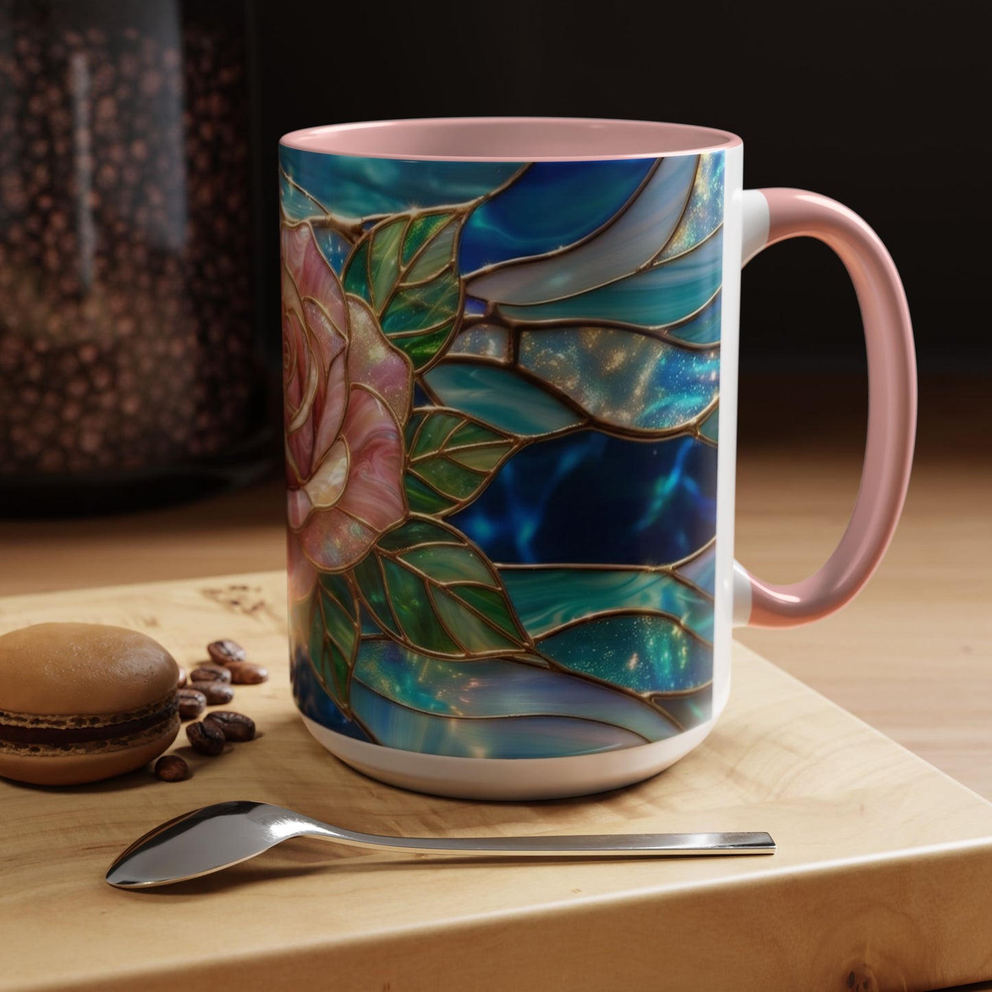 Stained Glass Rose Mug, Pink Flower Coffee Cup, Fantasy Floral Tea Cup, Magical Garden Gift, Galaxy Rose Art, Botanical Lover Present