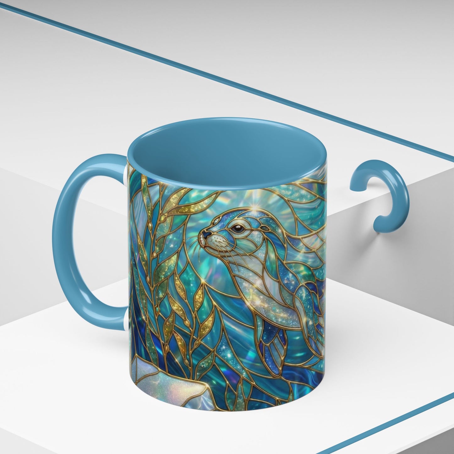 Seal Coffee Mug, Stained Glass Seal Mug, Cute Marine Animal Art Mug, Ocean Lover Gift, Unique Ceramic Coffee Cup, 11oz 15oz Coastal Mug