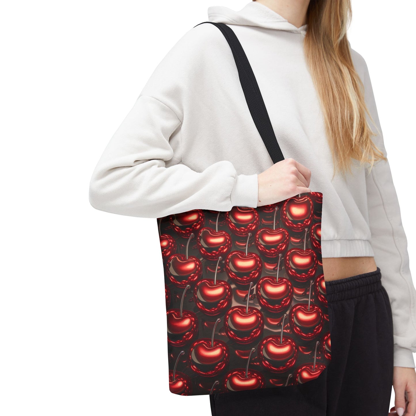 Glossy Cherry Pattern Canvas Tote Bag – Retro Black & Red Cherry Print, Coquette Cottagecore Aesthetic Shopper Tote, Fruit Lover Gift