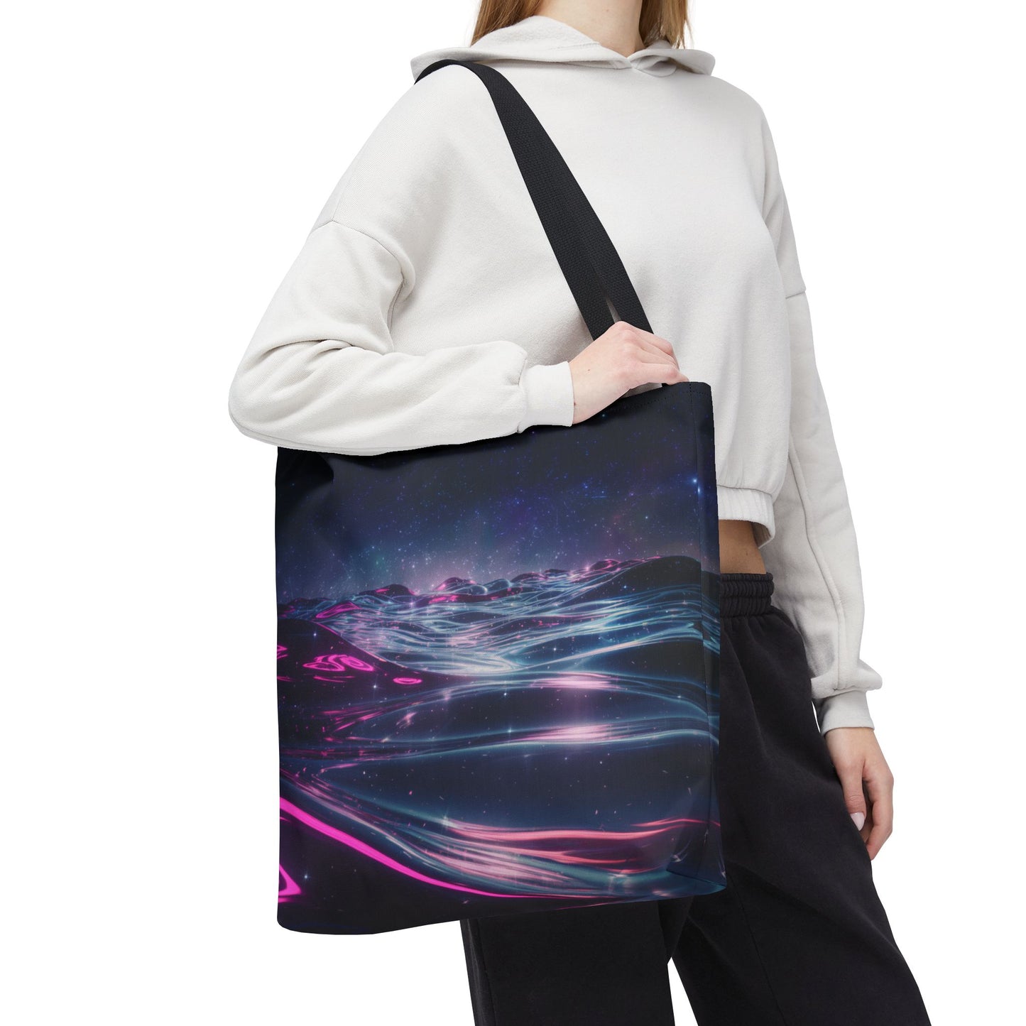 Neon Wave Horizon Tote Bag, Futuristic Ocean Design With Pink And Blue Light, Sci-Fi Aesthetic Reusable Tote For Travel, Gifts, And Everyday Use