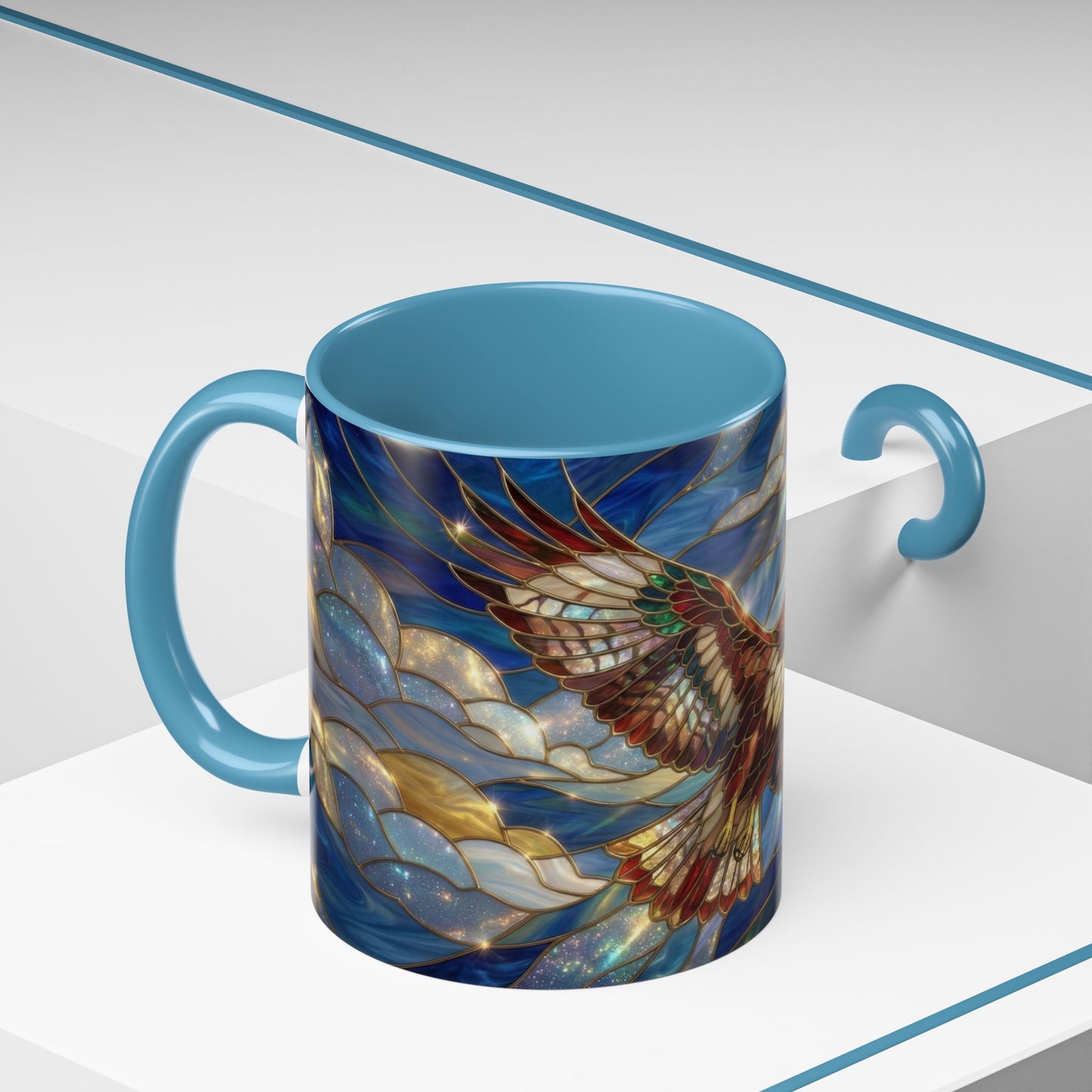 Stained Glass Hawk Mug, Soaring Bird Coffee Mug, Nature Art Hawk Cup, Bird Lover Gift, Stained Glass Style Animal Mug