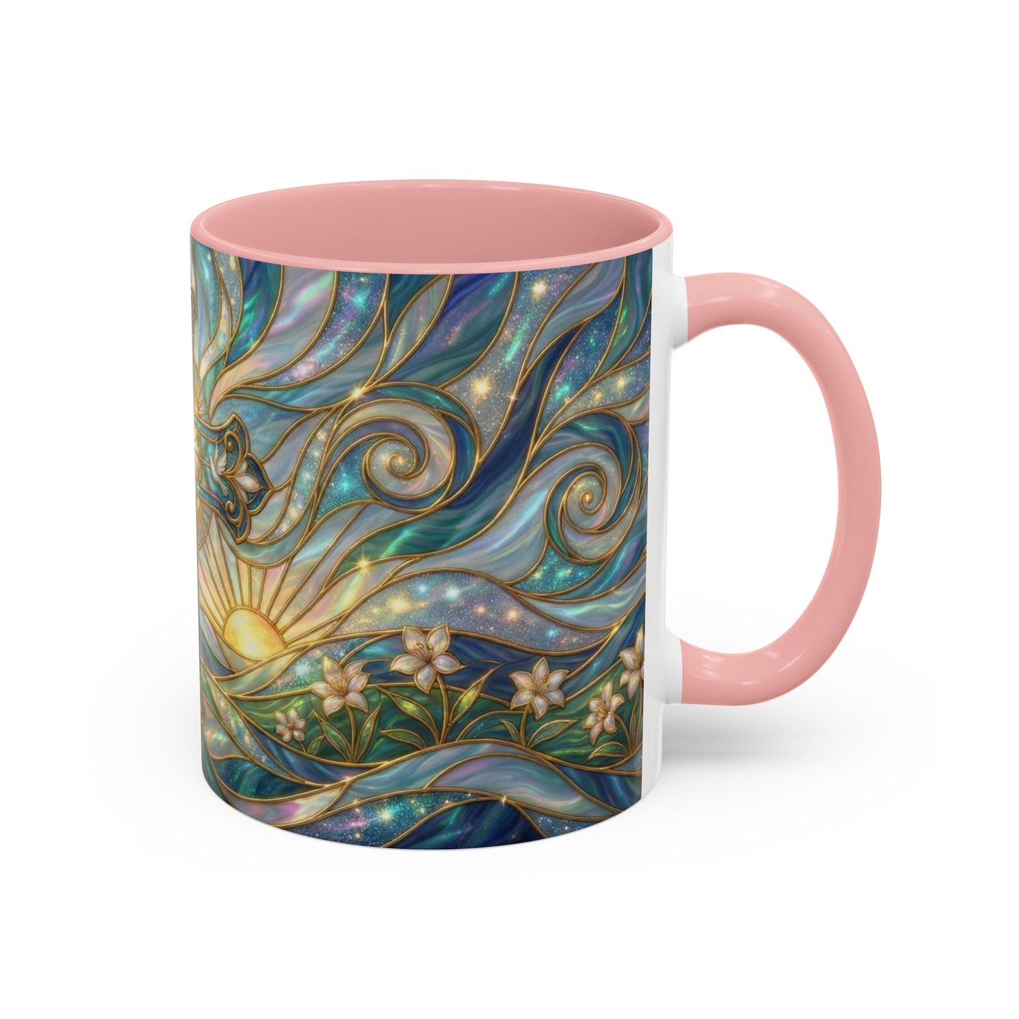 Stained Glass Cross Mug, Christian Coffee Cup, Religious Easter Gift, Celestial Faith Mug, Spiritual Sunrise Cup, Dove Lily Print Mug