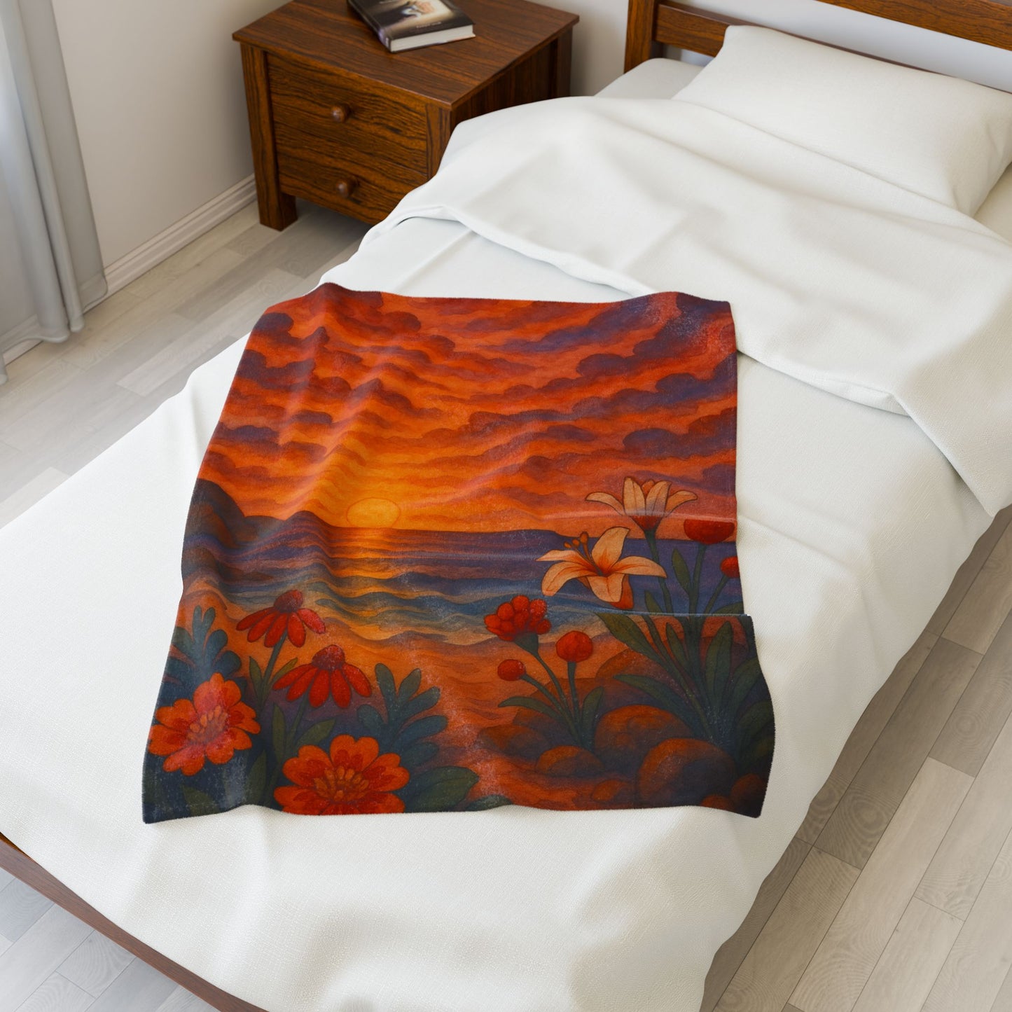 Sunset Floral Blanket – Cozy Beach Sunset Throw with Flowers | Colorful Velveteen Plush Blanket for Couch, Bed, or Gift
