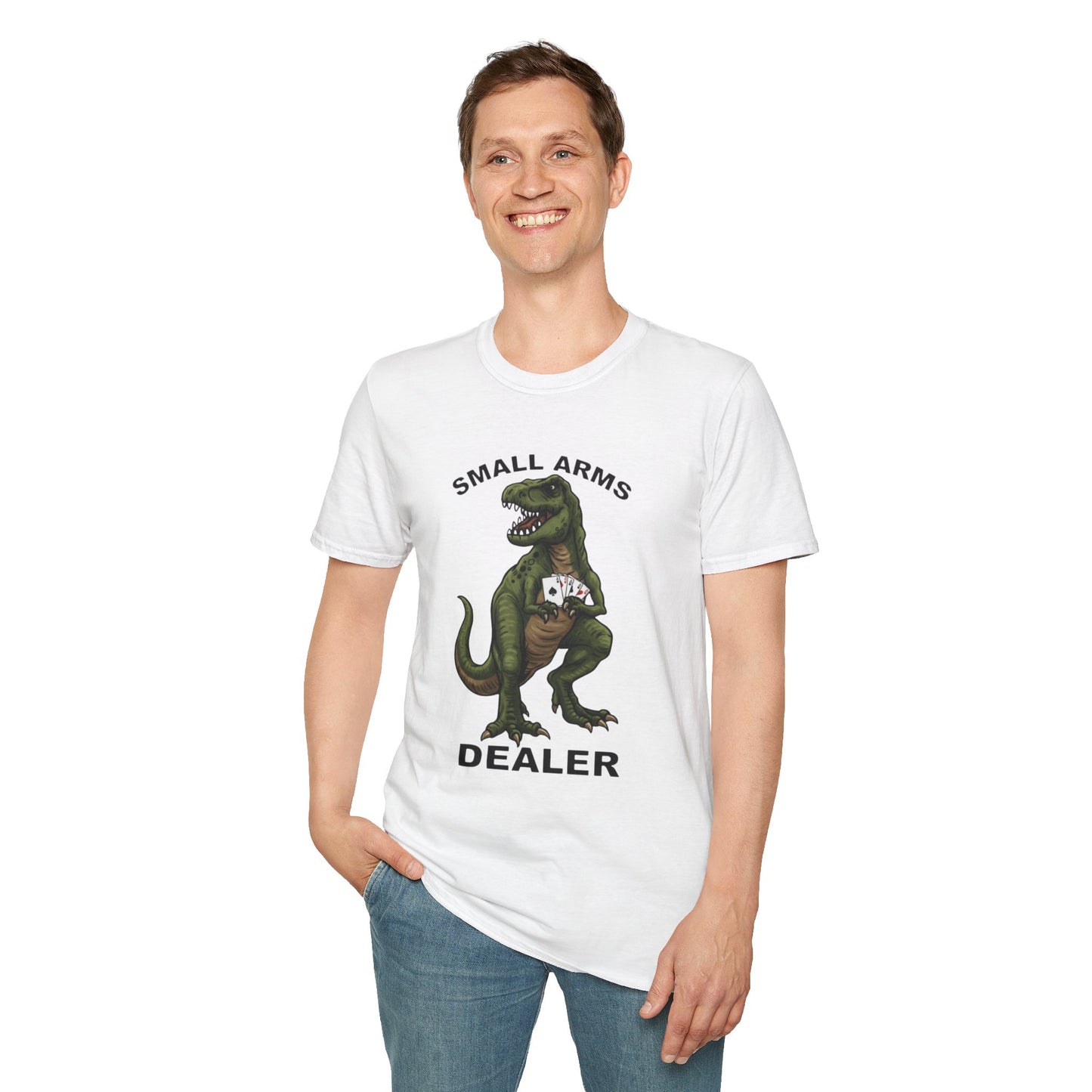 Funny Small Arms Dealer T-Rex Shirt, Dinosaur Pun Tee, Hilarious Graphic T-Shirt for Men & Women, Great Gift for Dad, Friend, or Coworker