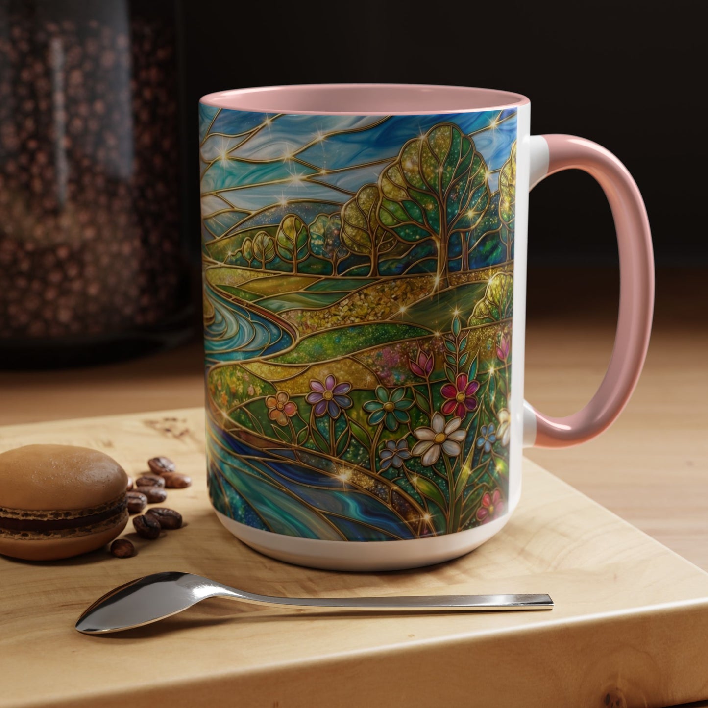 Stained Glass Mug, River Landscape Coffee Cup, Nature Lover Gift, Floral Tea Mug, Gardener Present, Art Teacher Gift, Colorful Scenery Cup