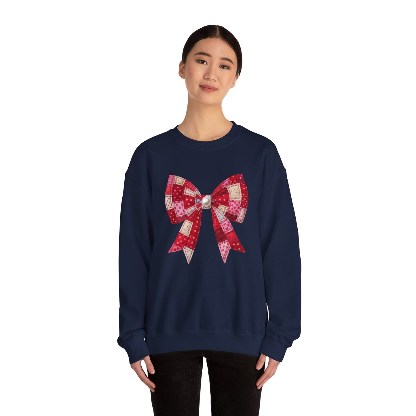 Faux Patchwork Bow Sweatshirt, Quilted Look Bow Crewneck, Pearl Center Bow Pullover, Cozy Coquette Sweatshirt, Girly Gift