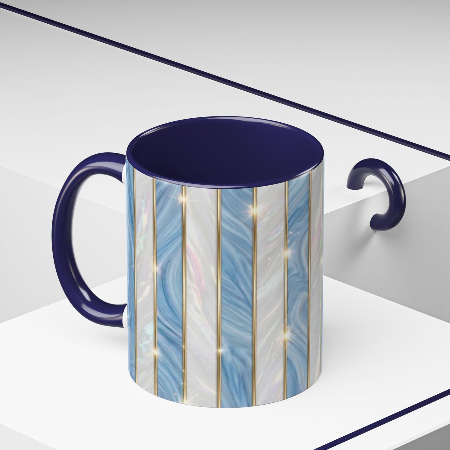 Faux Stained Glass Mug, Blue Pearlescent Coffee Cup, Art Deco Stained Glass Decor, Elegant Gold Stripe Teacup, Unique Art Gift For Her