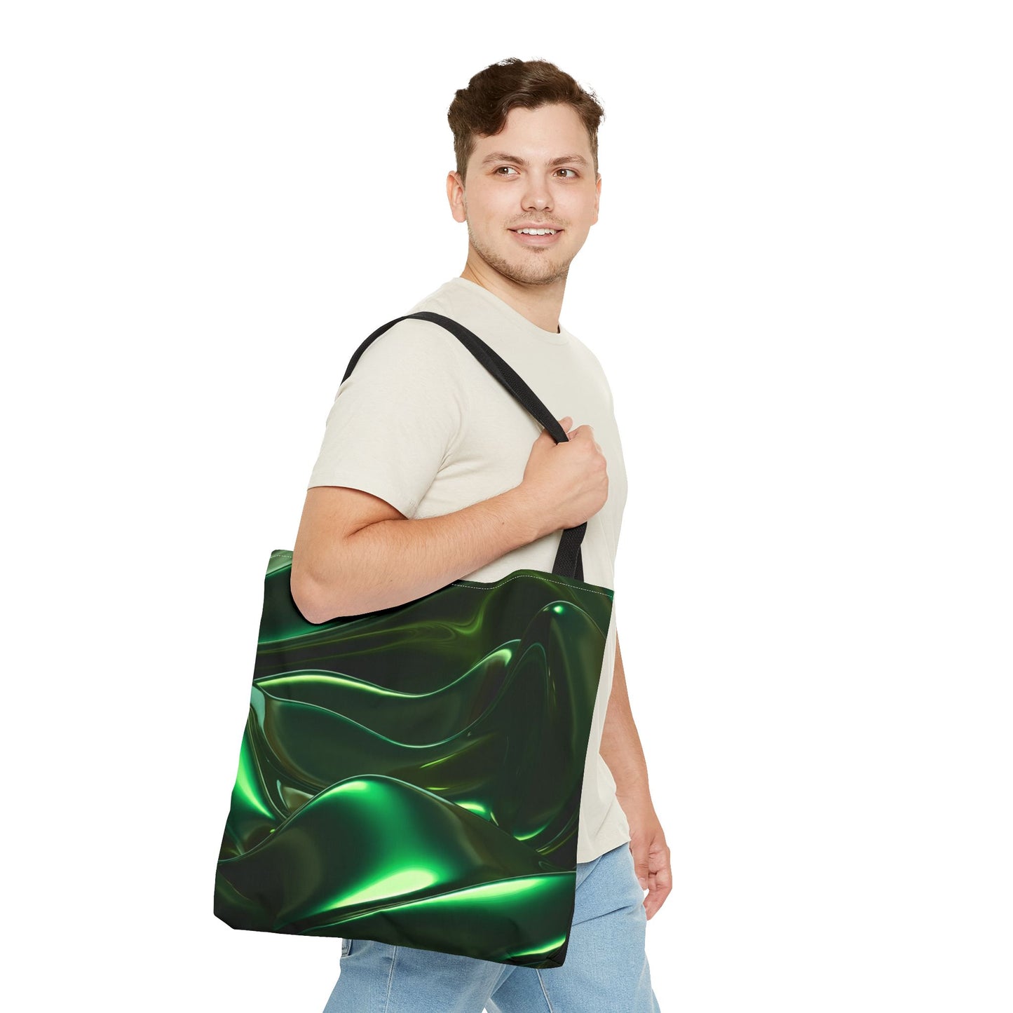 Futuristic Green Tote Bag - Abstract Metallic Wave Art Tote - Glossy Cyber Aesthetic Bag, Techwear Vibes, Edgy Gamer Gift, Trendy Street Style