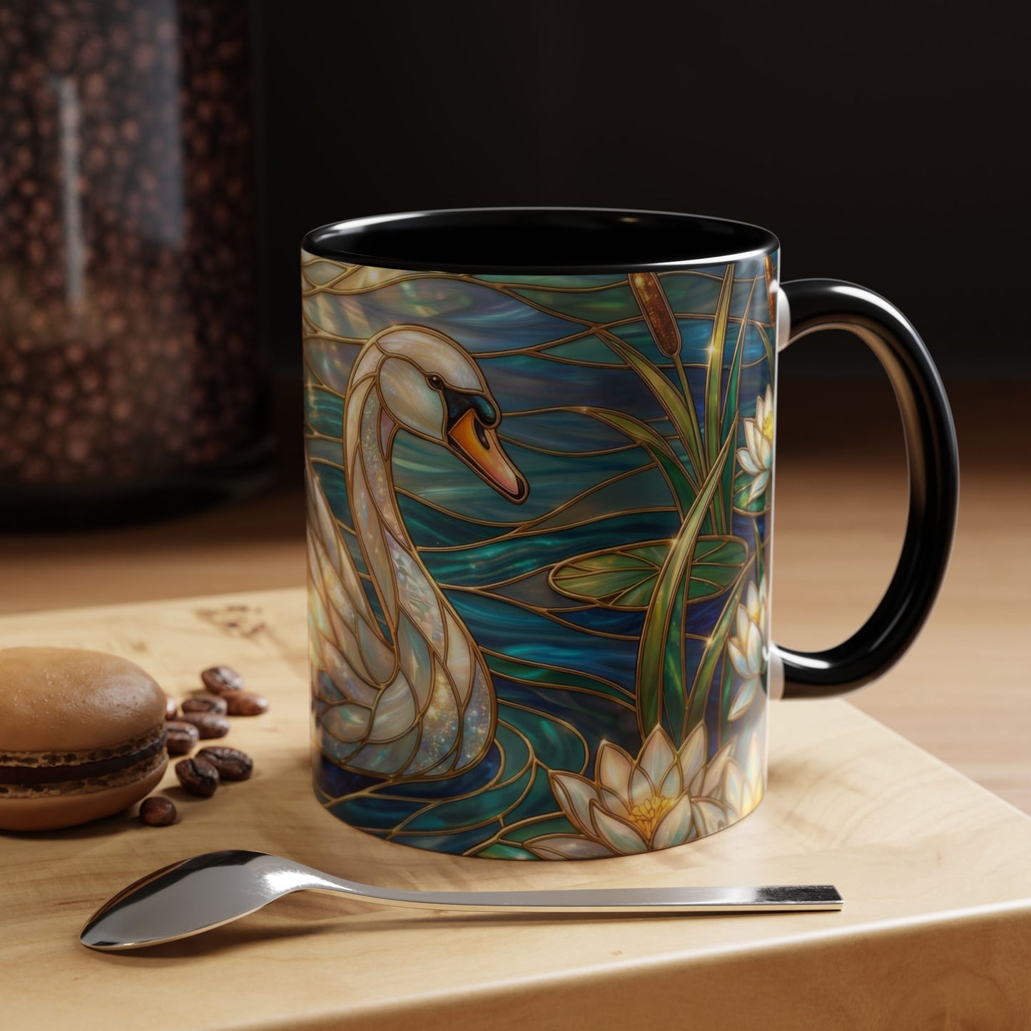 Stained Glass Swan Mug, Swan Coffee Cup, Elegant Swan Art Mug, Nature Decor Gift, Lake Swan Mug, Serene Animal Coffee Cup