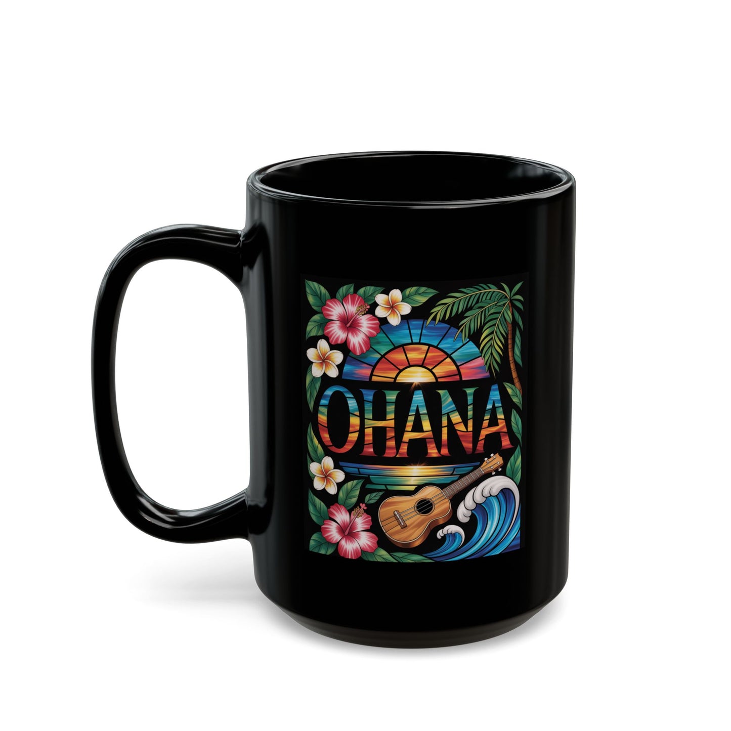 Ohana Mug Hawaiian Coffee Cup Tropical Sunset, Hibiscus Flowers, Ukulele, Aloha Gift