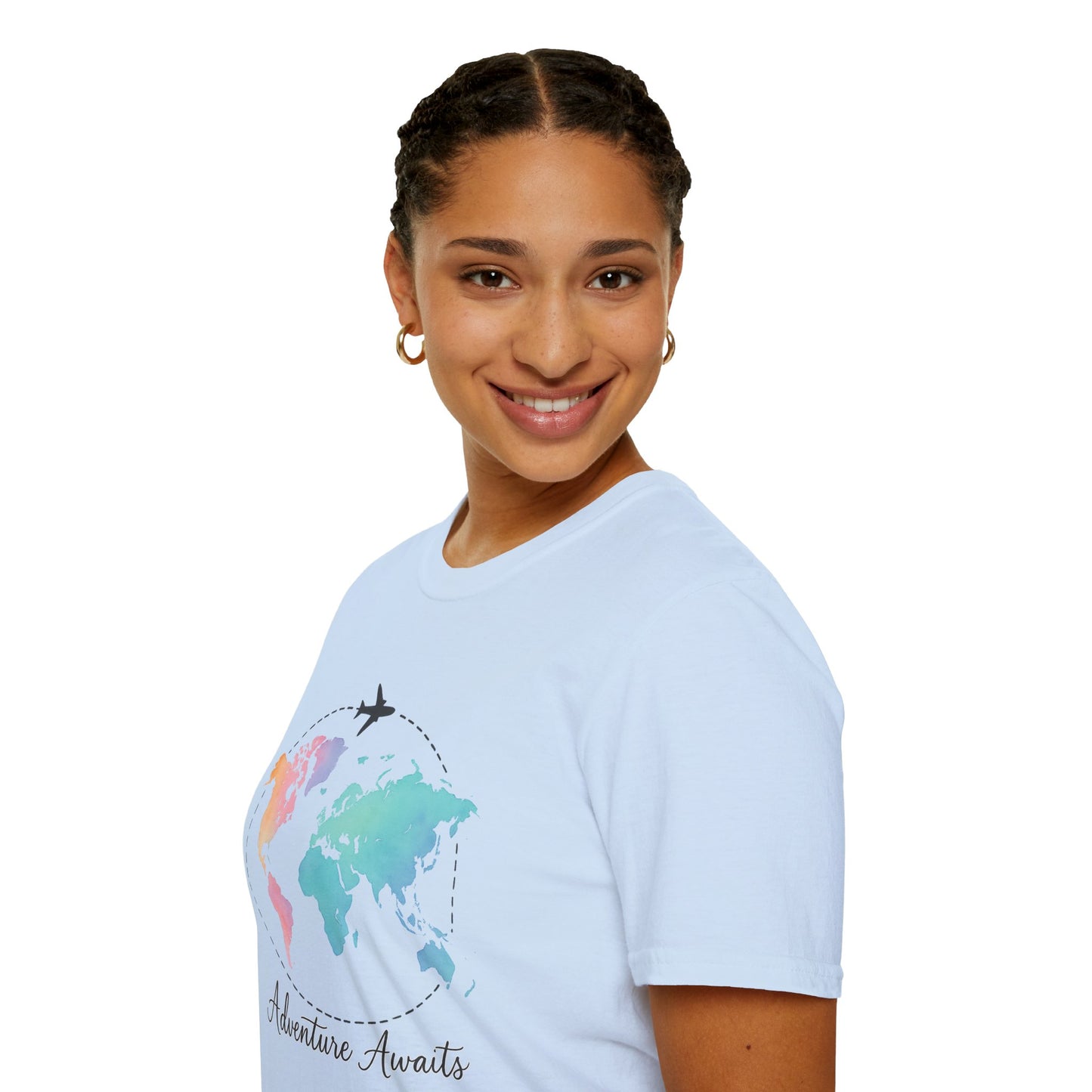 Adventure Awaits Travel Shirt | Watercolor World Map Tee for Women and Men | Wanderlust Gift for Travelers, Hikers, Campers, Beach Lovers