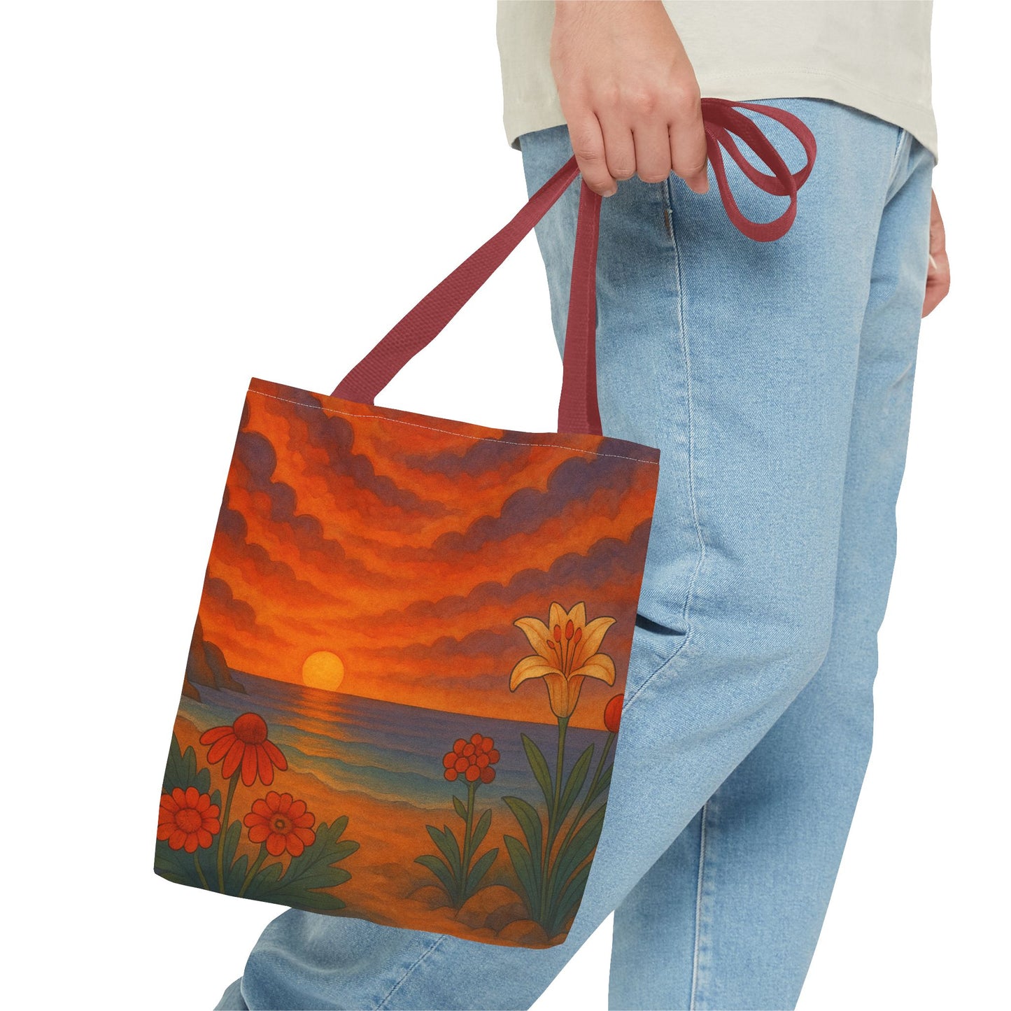 Retro Sunset Tote Bag with Wildflowers – Vibrant Floral Landscape Art, Nature-Inspired Reusable Bag, 70s Style Summer Accessory