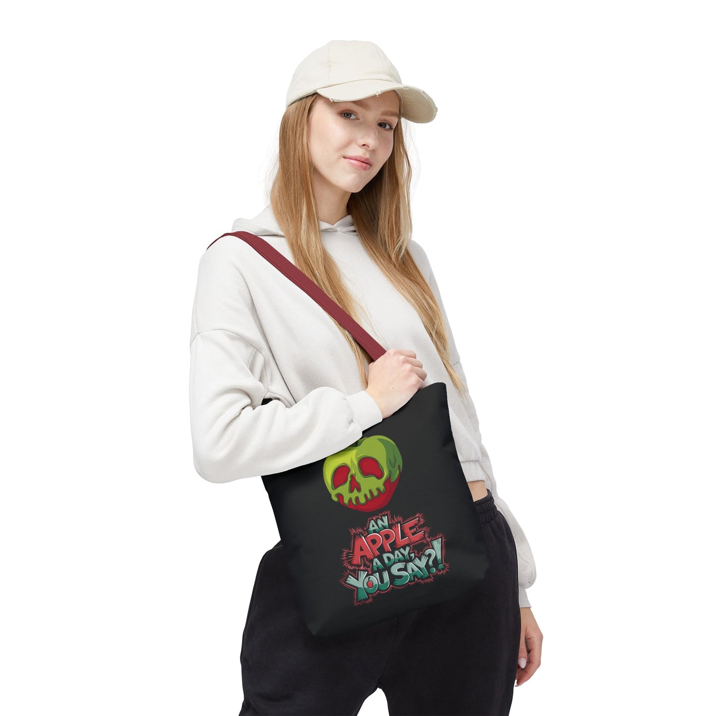 Spooky Halloween Tote Bag – Poison Apple Design – Funny Gothic Tote – Trick or Treat Bag – Creepy Apple Pun Gift – Black Tote Bag