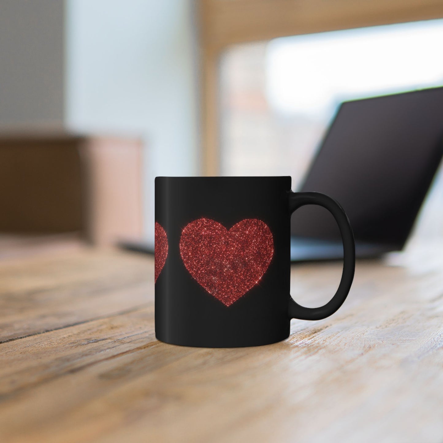 Glitter Heart Mug, Red Sparkle Heart Coffee Cup, Black Valentine Mug, Love Gift For Her Him, Romantic Coffee Mug