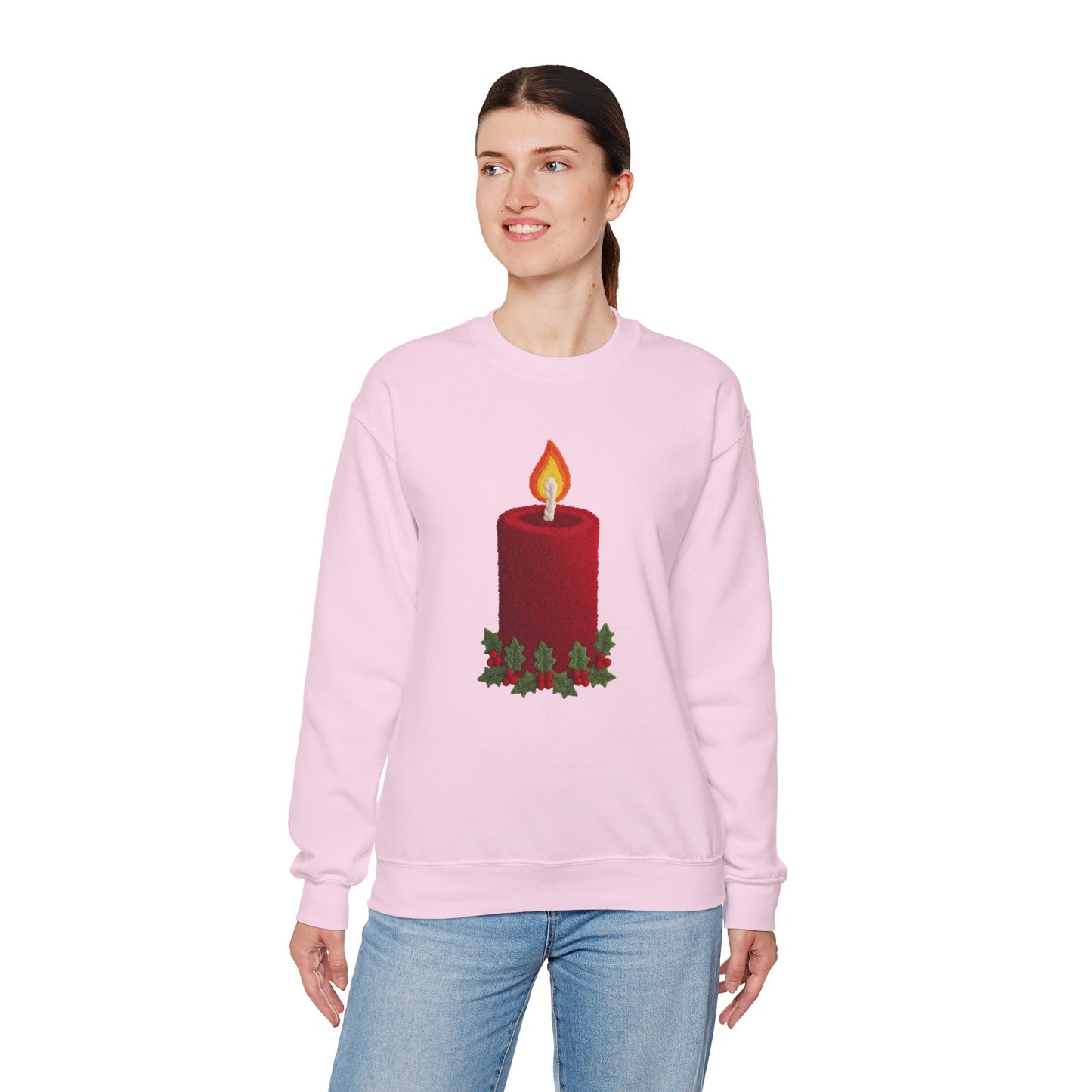 Faux Patchwork Crochet Candle Sweatshirt, Christmas Candle Sweater, Holiday Cozy Winter Crewneck, Cute Xmas Candle Sweatshirt, Unisex Holiday Top