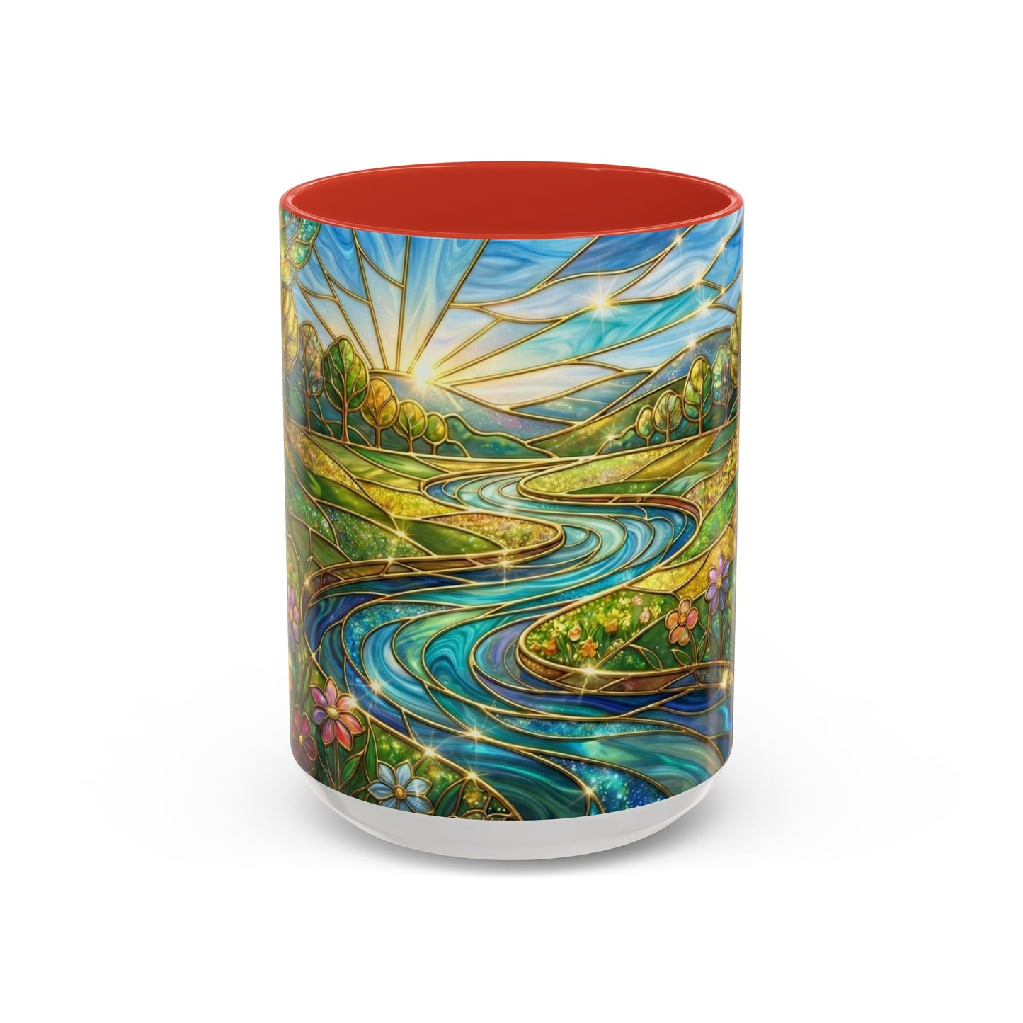 Stained Glass Mug, River Landscape Coffee Cup, Nature Lover Gift, Floral Tea Mug, Gardener Present, Art Teacher Gift, Colorful Scenery Cup
