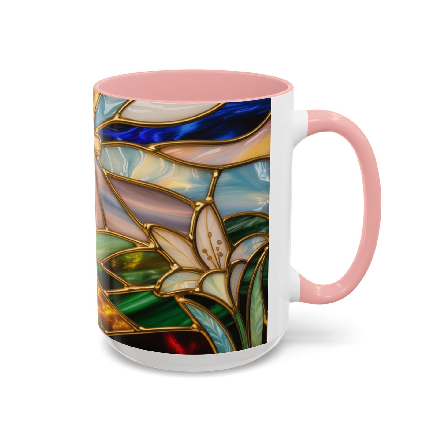 Stained Glass Cross Mug, Christian Sunrise Coffee Cup, Religious Floral Art Mug, Inspirational Faith Gift For Women, Colorful Stained Glass Design