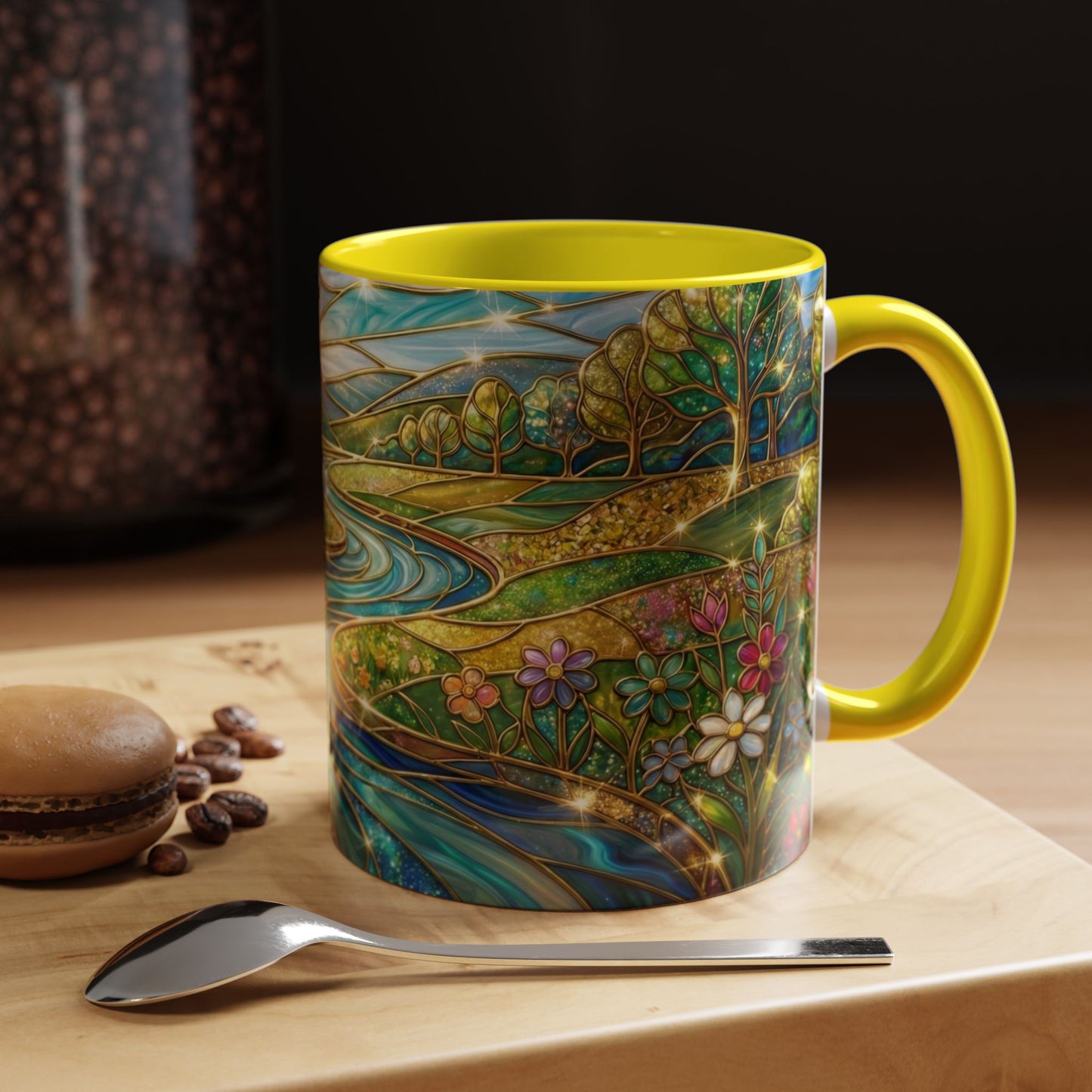 Stained Glass Mug, River Landscape Coffee Cup, Nature Lover Gift, Floral Tea Mug, Gardener Present, Art Teacher Gift, Colorful Scenery Cup