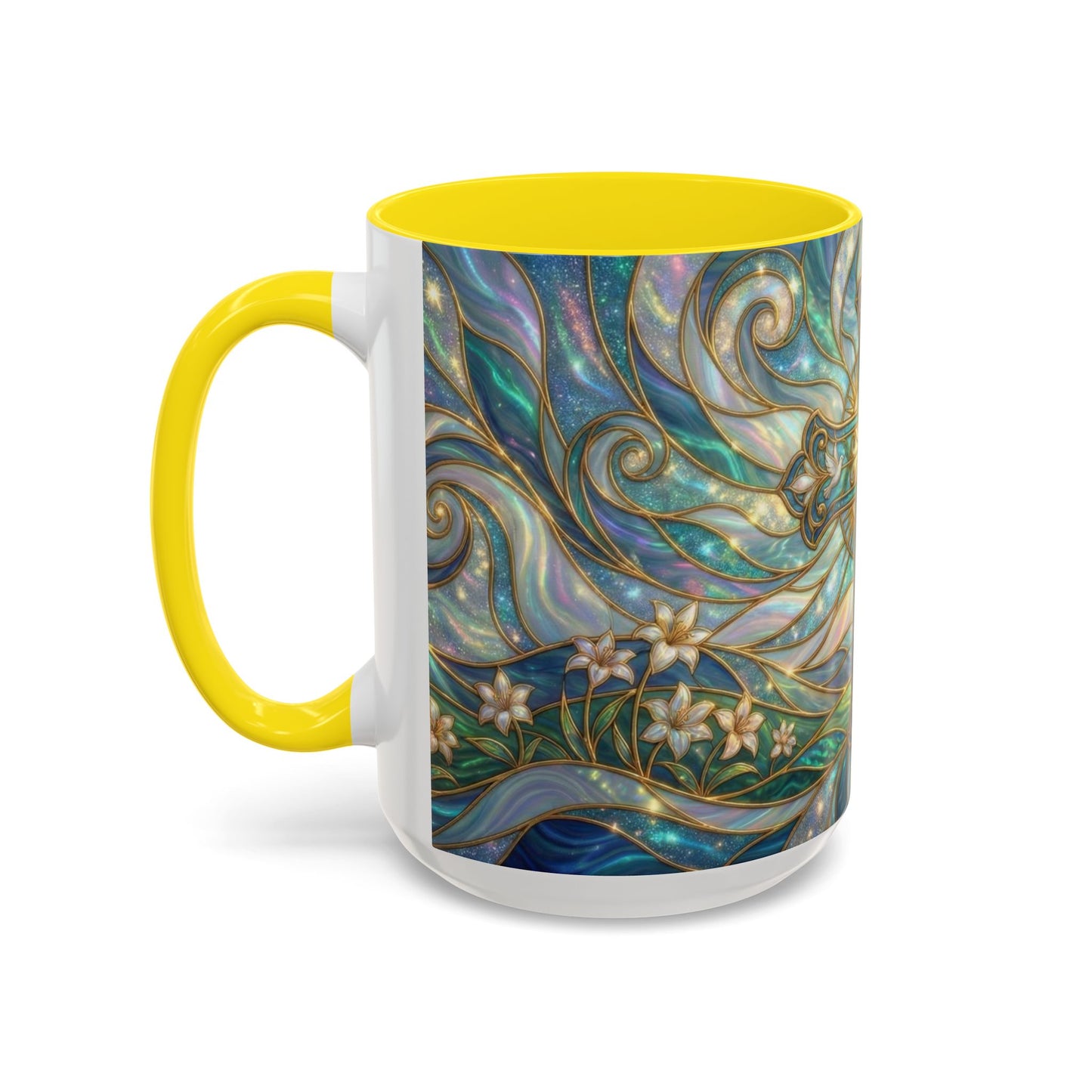 Stained Glass Cross Mug, Christian Coffee Cup, Religious Easter Gift, Celestial Faith Mug, Spiritual Sunrise Cup, Dove Lily Print Mug