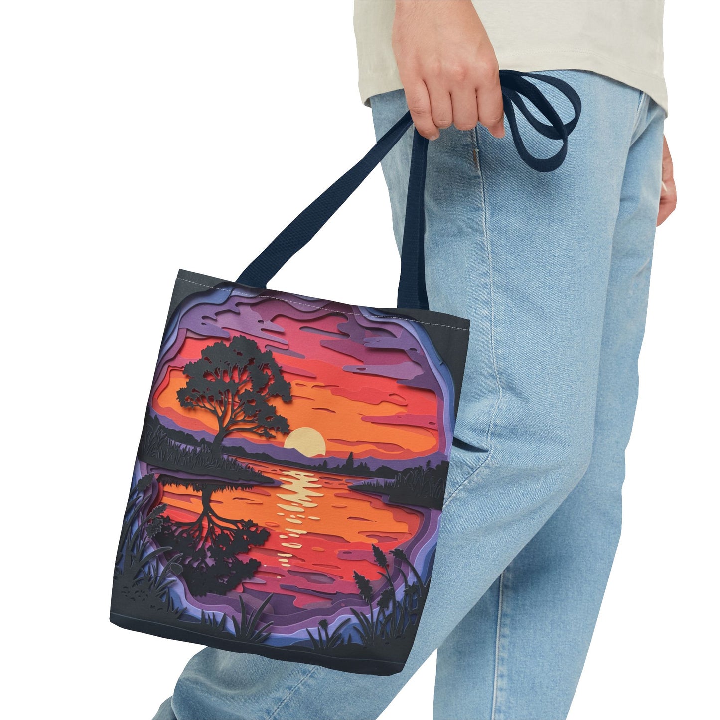 Sunset Landscape Canvas Tote Bag – Paper‑Art Inspired Nature Scene Tote – Colorful Sunset Market Tote, Eco Reusable Beach Bag, Vibrant Gift for Her