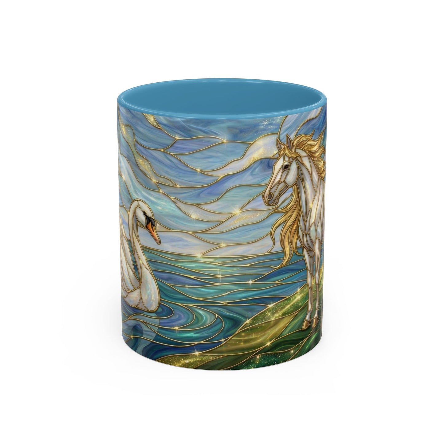 Swan And Horse Coffee Mug, Stained Glass Fantasy Art Mug, Elegant Animal Coffee Cup, Mythical Nature Gift, 11oz 15oz Ceramic Mug