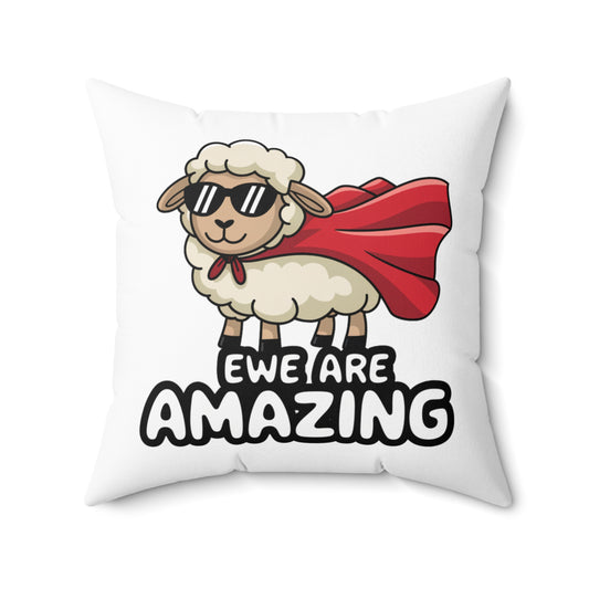 Funny Sheep Throw Pillow – "Ewe Are Amazing" Cute Animal Pun Cushion, Superhero Sheep Gift, Farmhouse or Kids Room Decor