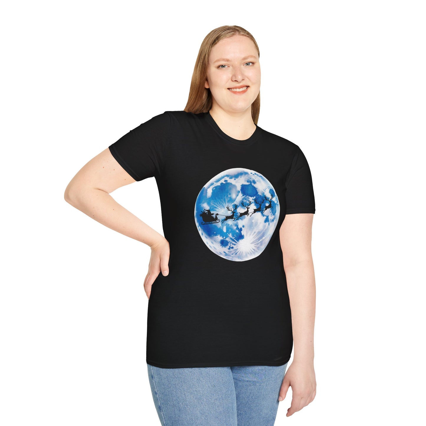 Santa Moon Christmas T-Shirt, Reindeer Sleigh Christmas Tee, Holiday Moonlight Xmas Shirt, Festive Christmas Graphic Tee, Winter Night Christmas Gift Tee